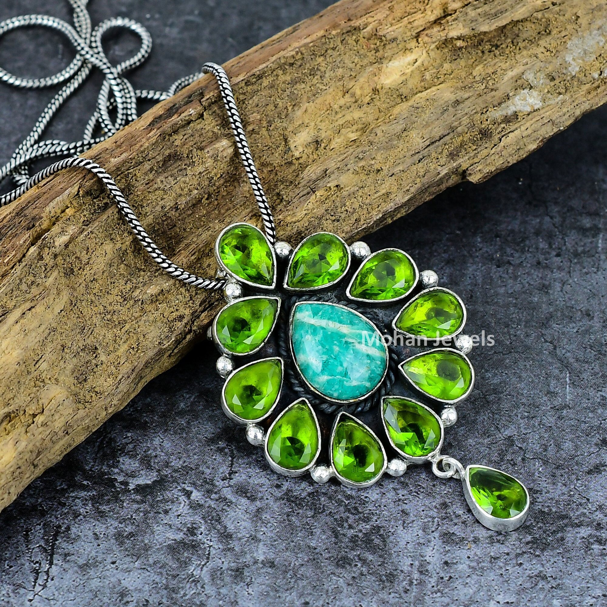 Amazonite Pendant, Peridot Pendant, Silver Plated Pendant, Gemstone Pendant, Multi stone Pendant with Chain, Handmade Boho Jewelry Gift