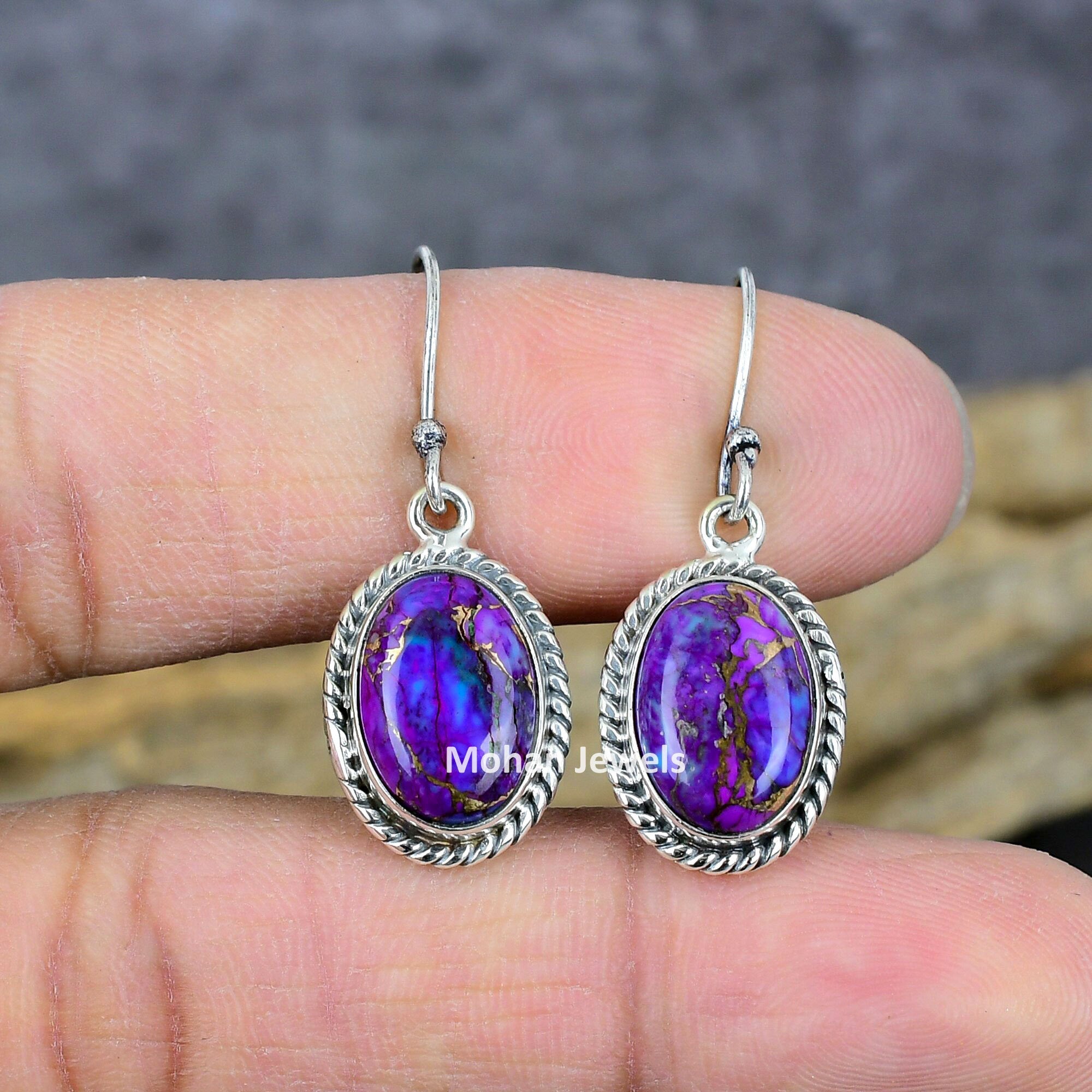 Copper Purple Turquoise Oval Gemstone Silver Plated Handmade Dangle Earrings Vintage Jewelry, Turquoise Earrings, Purple Stone Jewelry