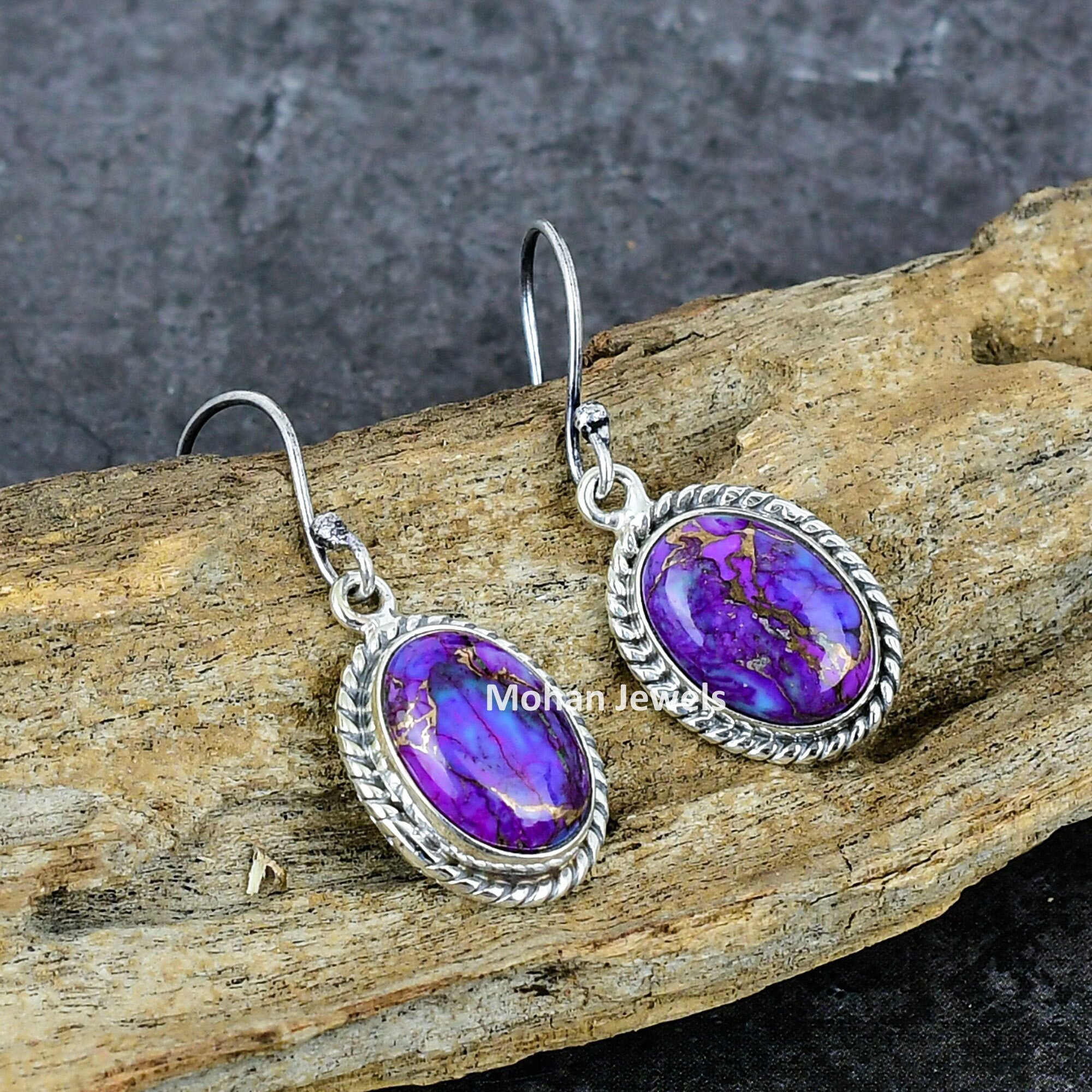 Copper Purple Turquoise Oval Gemstone Silver Plated Handmade Dangle Earrings Vintage Jewelry, Turquoise Earrings, Purple Stone Jewelry