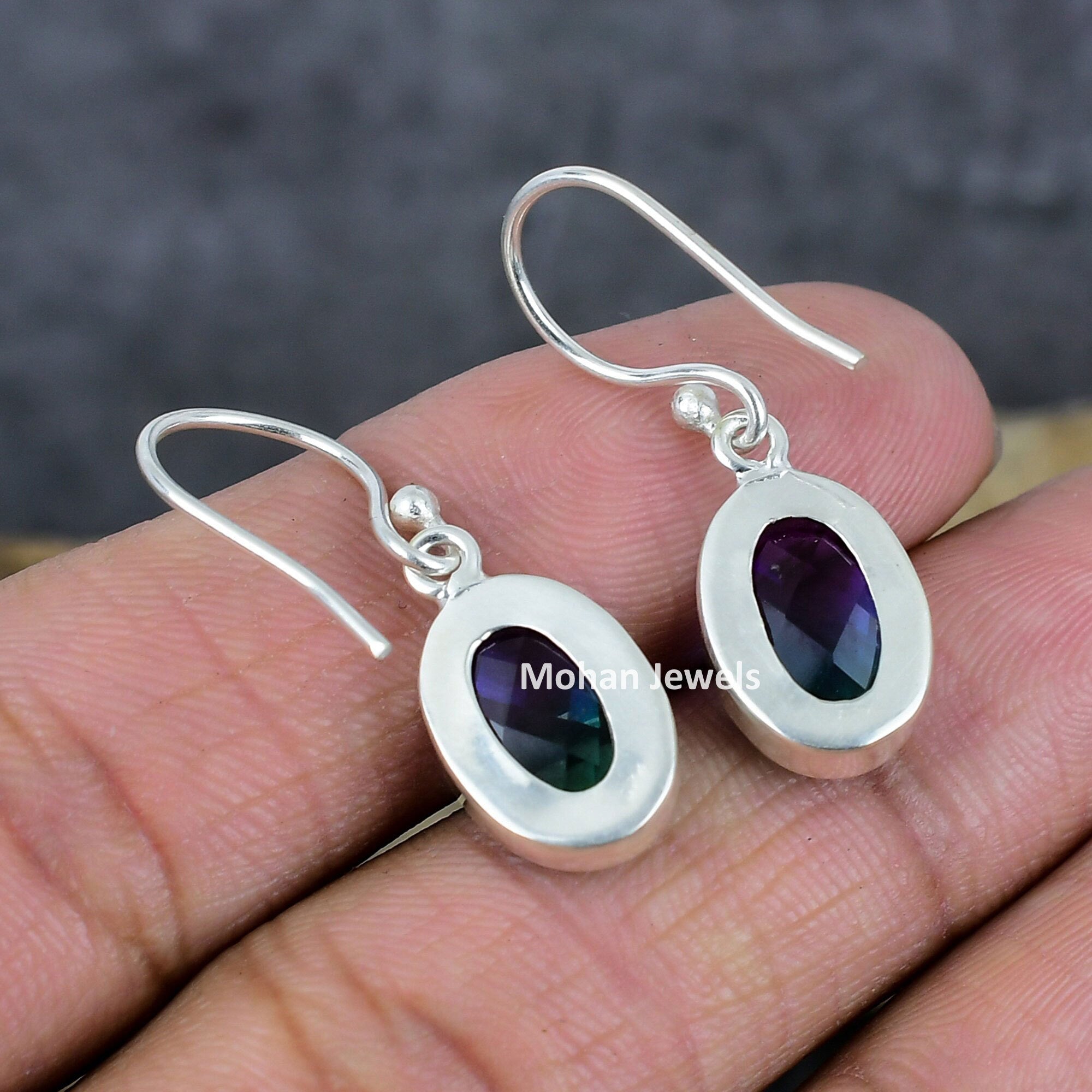 Bi Color Tourmaline Gemstone Silver Plated Handmade Dangle Earrings Jewelry, Tourmaline Earring, Mother Gift, Dainty Earring Jewelry