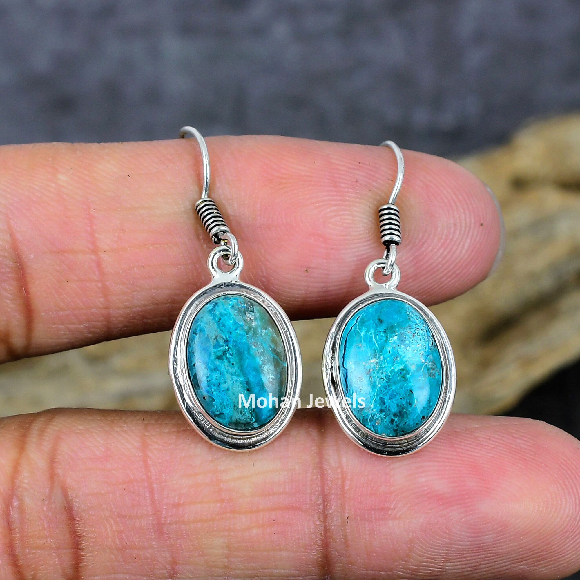 Chrysocolla Earrings, Chrysocolla Gemstone Silver Plated Handmade Dangle Earring Jewelry Gift for Girlfriend, Artisan Jewelry