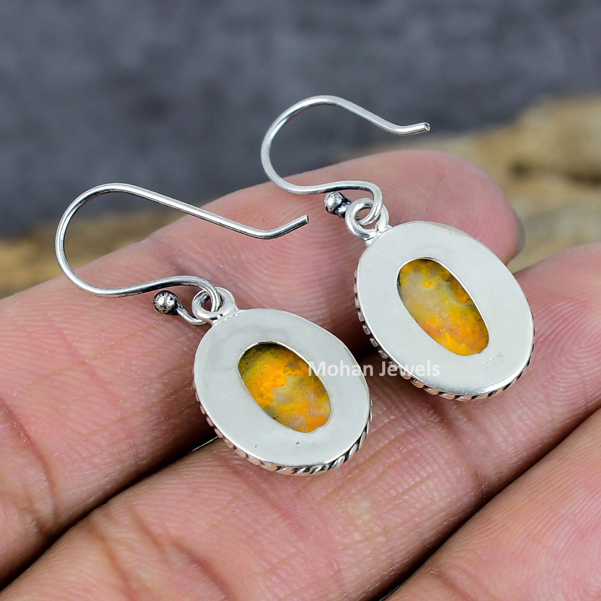 Bumble Bee Jasper Oval Gemstone Silver Plated Handmade Dangle Earrings Jewelry, Eclipse Earring, Statement Earring, Gift for Mom