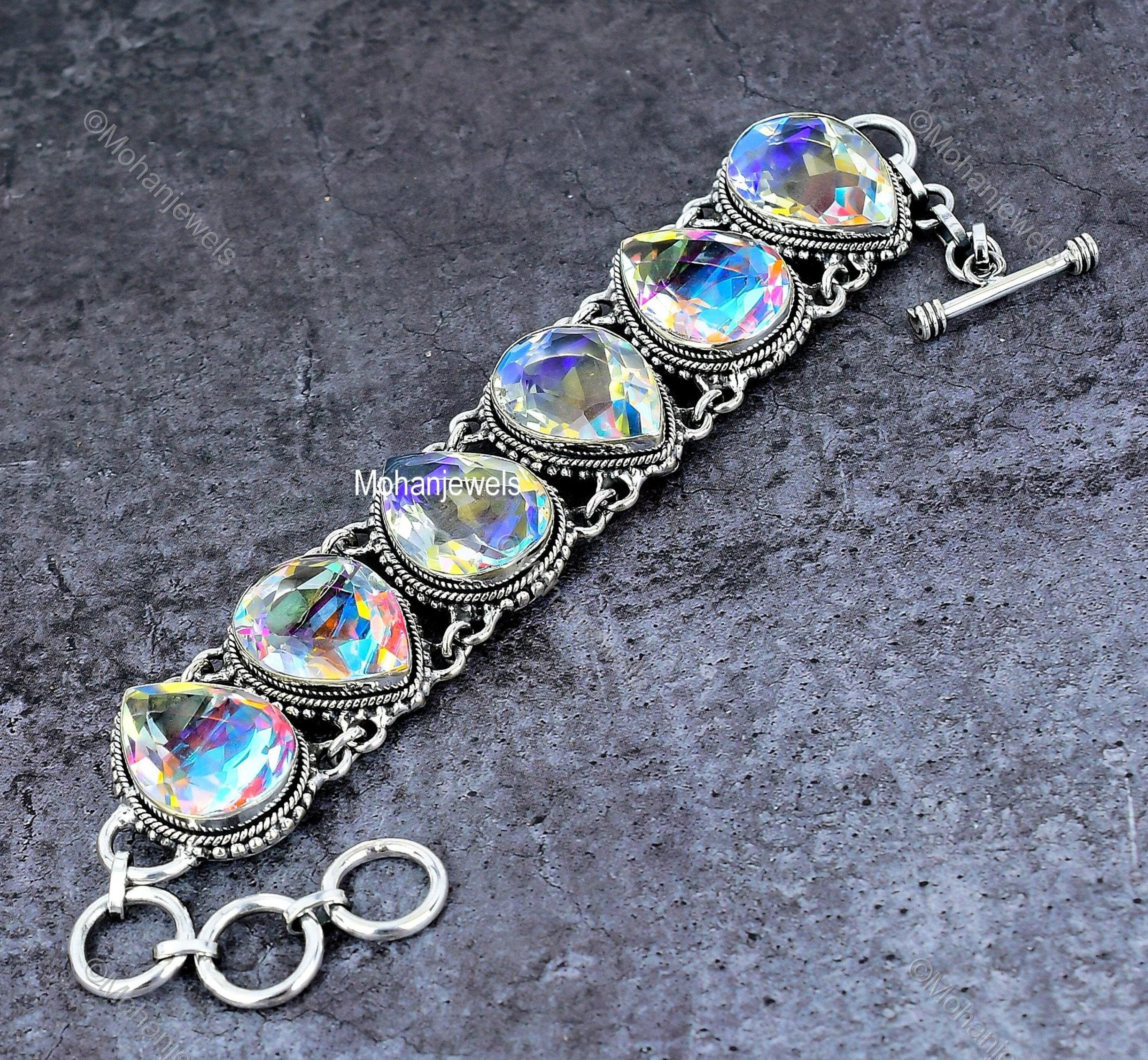 Aurora Mystic Topaz Bracelet, Rainbow Topaz Silver Plated Jewelry, Natural Angel Aura Quartz Bracelet, Unique Designer Jewelry, Gift For Her