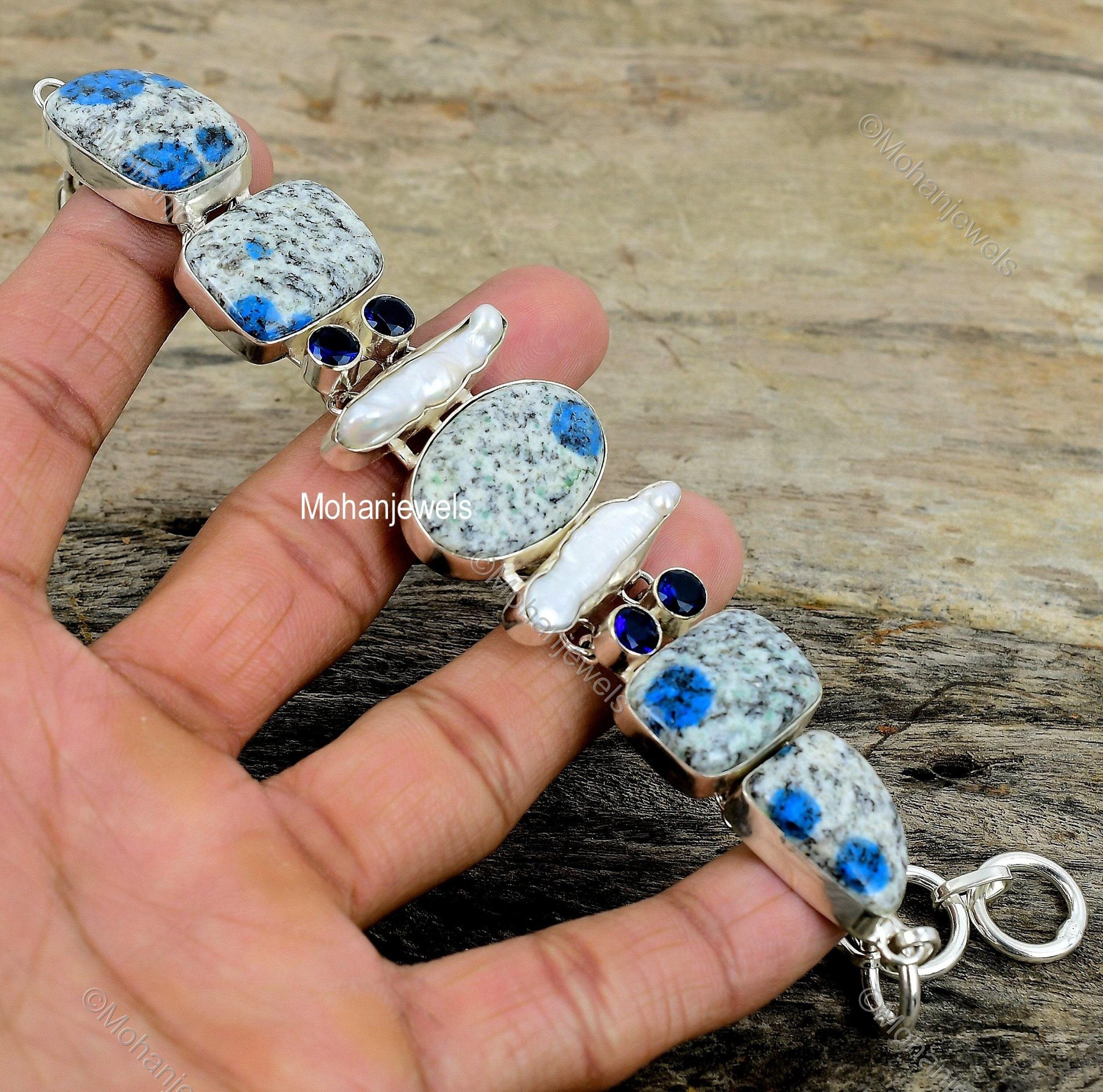 K2 Jasper Biwa Pearl Blue Quartz Silver Plated Bracelet, Handmade Jewelry, Statement Bracelet, Boho Bracelet, Unique Jewelry, Gift For Her