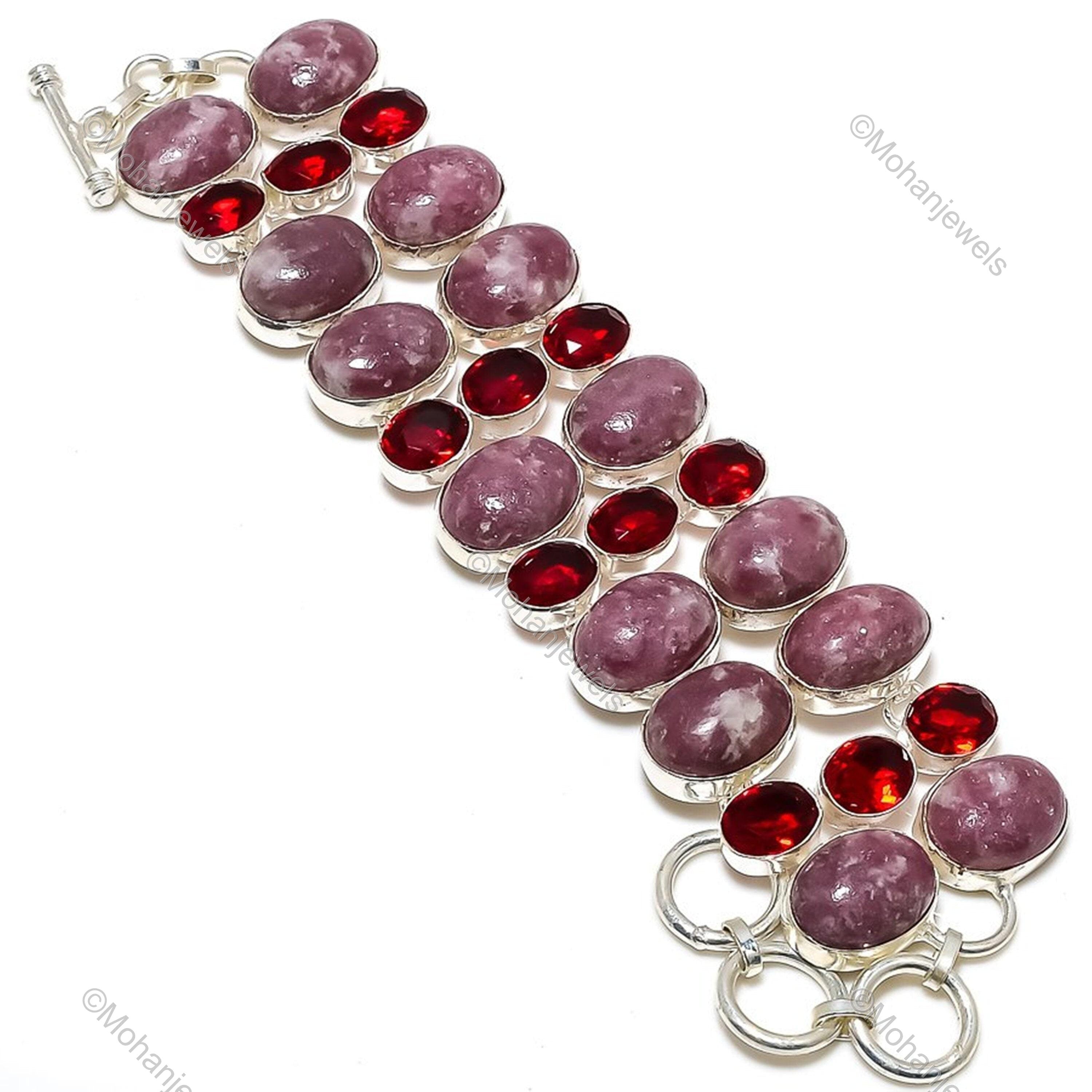 Lepidolite Bracelet, Lepidolite & Garnet Gemstone Bracelet, 925 Silver Plated Bracelet, Handcrafted Fashion Jewelry, Statement Bracelet Gift