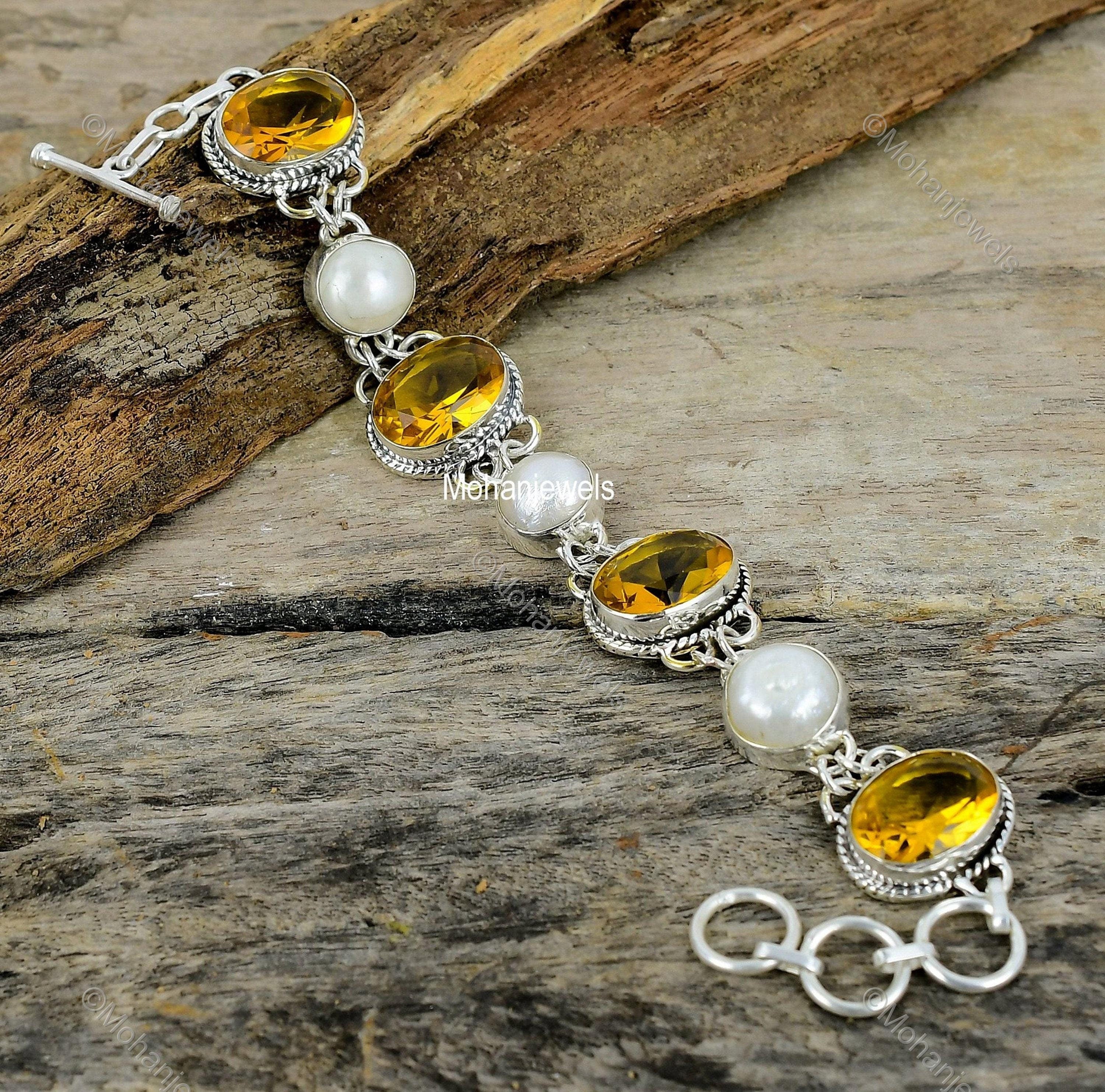 Citrine & White Pearl Silver Plated Bracelet - Handmade Gemstone Jewelry - Designer Bracelet - Statement Bracelet - Birthday Gift For Friend