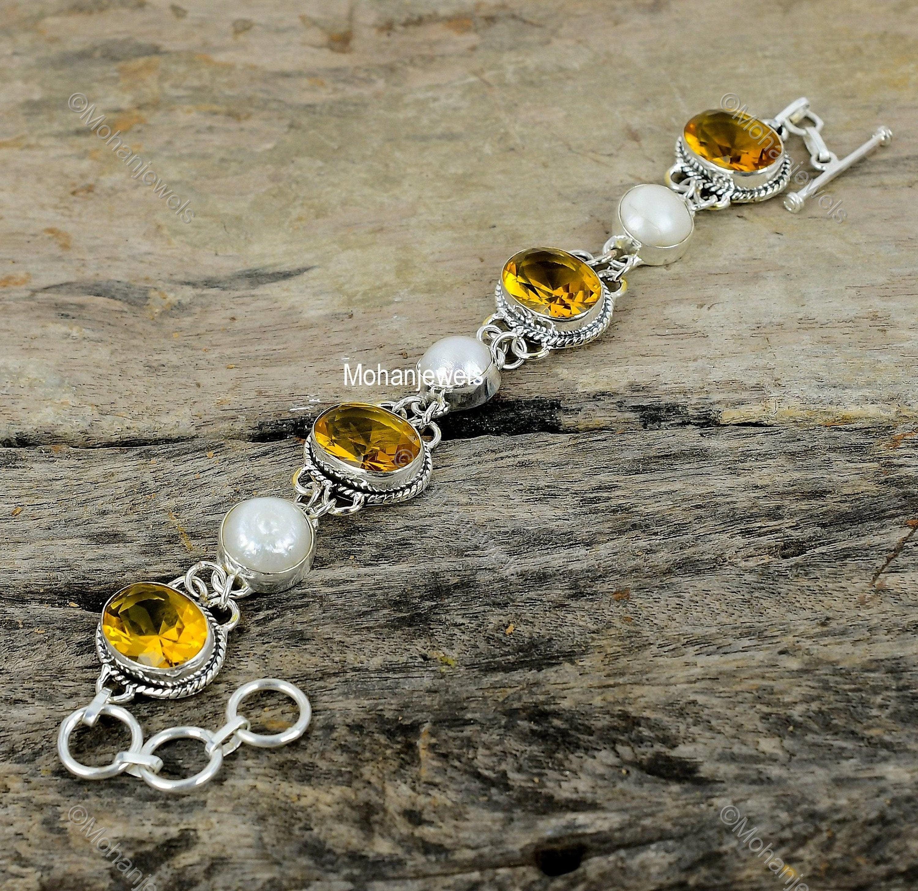 Citrine & White Pearl Silver Plated Bracelet - Handmade Gemstone Jewelry - Designer Bracelet - Statement Bracelet - Birthday Gift For Friend