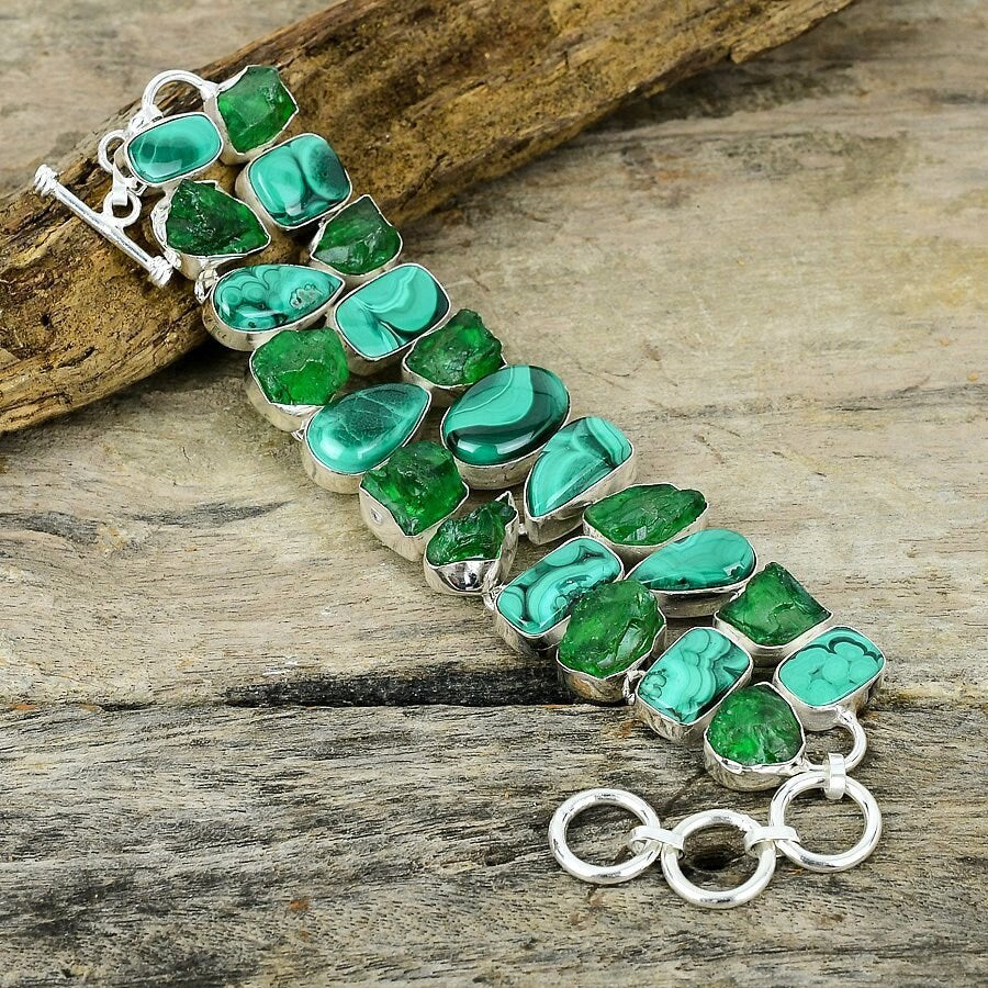 Chrome Diopside Rough Malachite Bracelet Silver Plated Gemstone Handmade Jewelry Adjustable Chain Healing Stone Bracelet Gift For Her