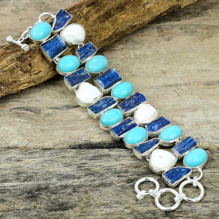 Blue Kyanite Rough Sleeping Turquoise & Oyster Shell Bracelet Silver Plated Gemstone Handmade Adjustable Chain Bracelet Jewelry