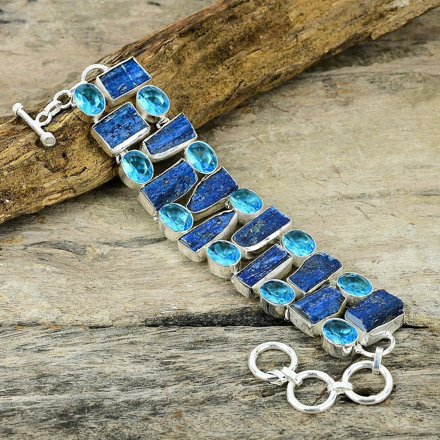 Blue Kyanite Rough Topaz Gemstone Silver Plated Bracelet Handmade Jewelry Adjustable Chain Healing Stone Bracelet Gift For Her