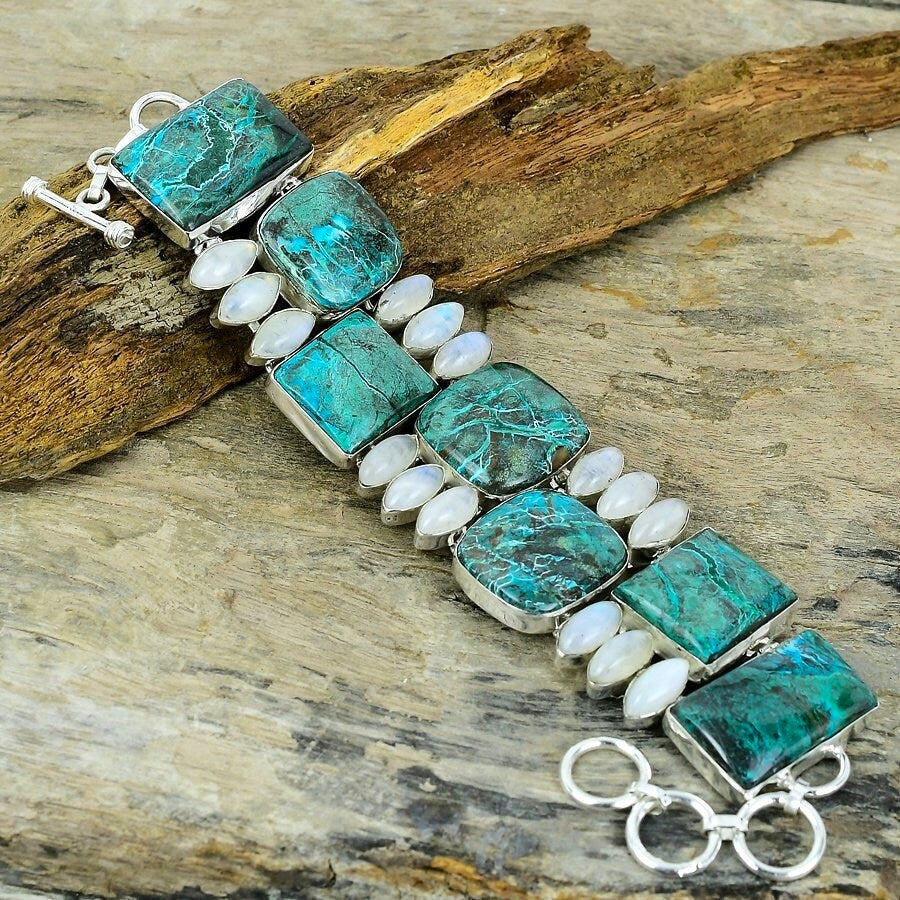 Chrysocolla Bracelet, Chrysocolla Moonstone Bracelet Silver Plated Gemstone Jewelry Adjustable Chain Healing Stone Bracelet Gift For Her