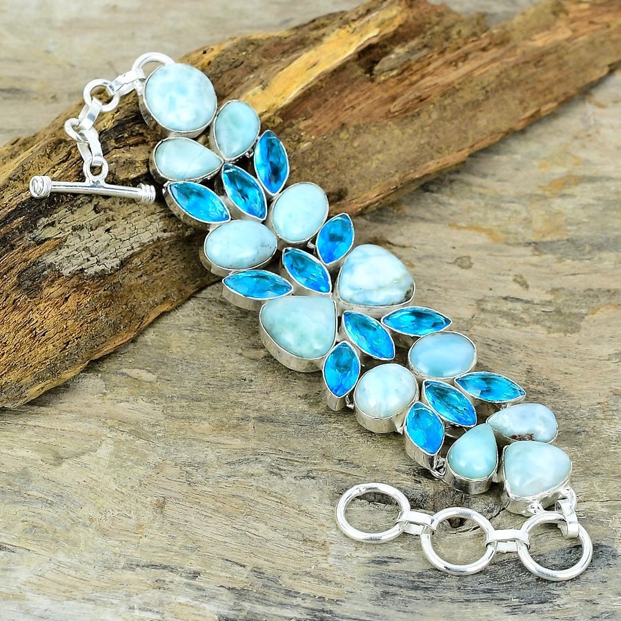 Larimar Bracelet, Caribbean Larimar Blue Topaz Gemstone Silver Plated Bracelet, Blue Stone Bracelet, Adjustable Chain Healing Stone Bracelet