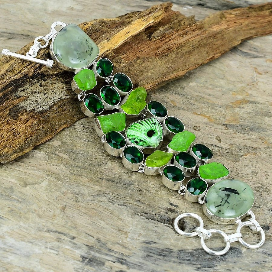 Moss Prehnite Peridot Rough Chrome Diopside & Oyster Shell Gemstone Silver Plated Handmade Bracelet Jewelry, Green Stone Bracelet Jewelry