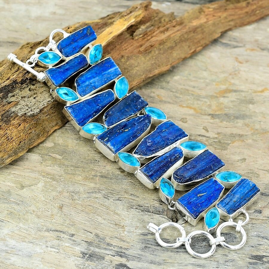 Blue Kyanite Rough And Topaz Gemstone Bracelet, Silver Plated Gemstone Bracelet, Blue Stone Bracelet, Adjustable Chain Bracelet Jewelry