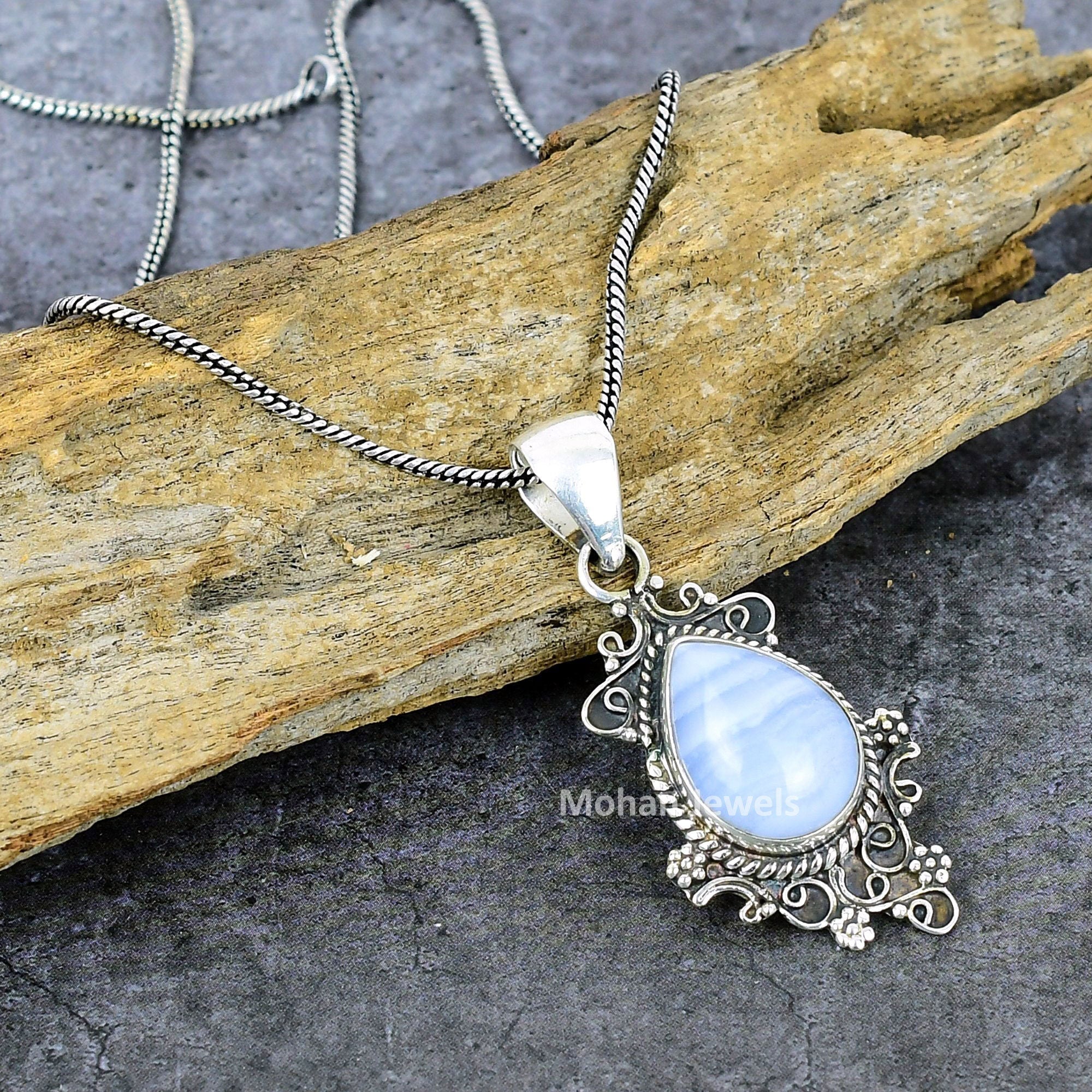 Blue Lace Agate Pendant, Silver Plated Gemstone Pendant, Pendant with Chain, Vintage Pendant Jewelry, Unique Designer Pendant, Gift for Wife