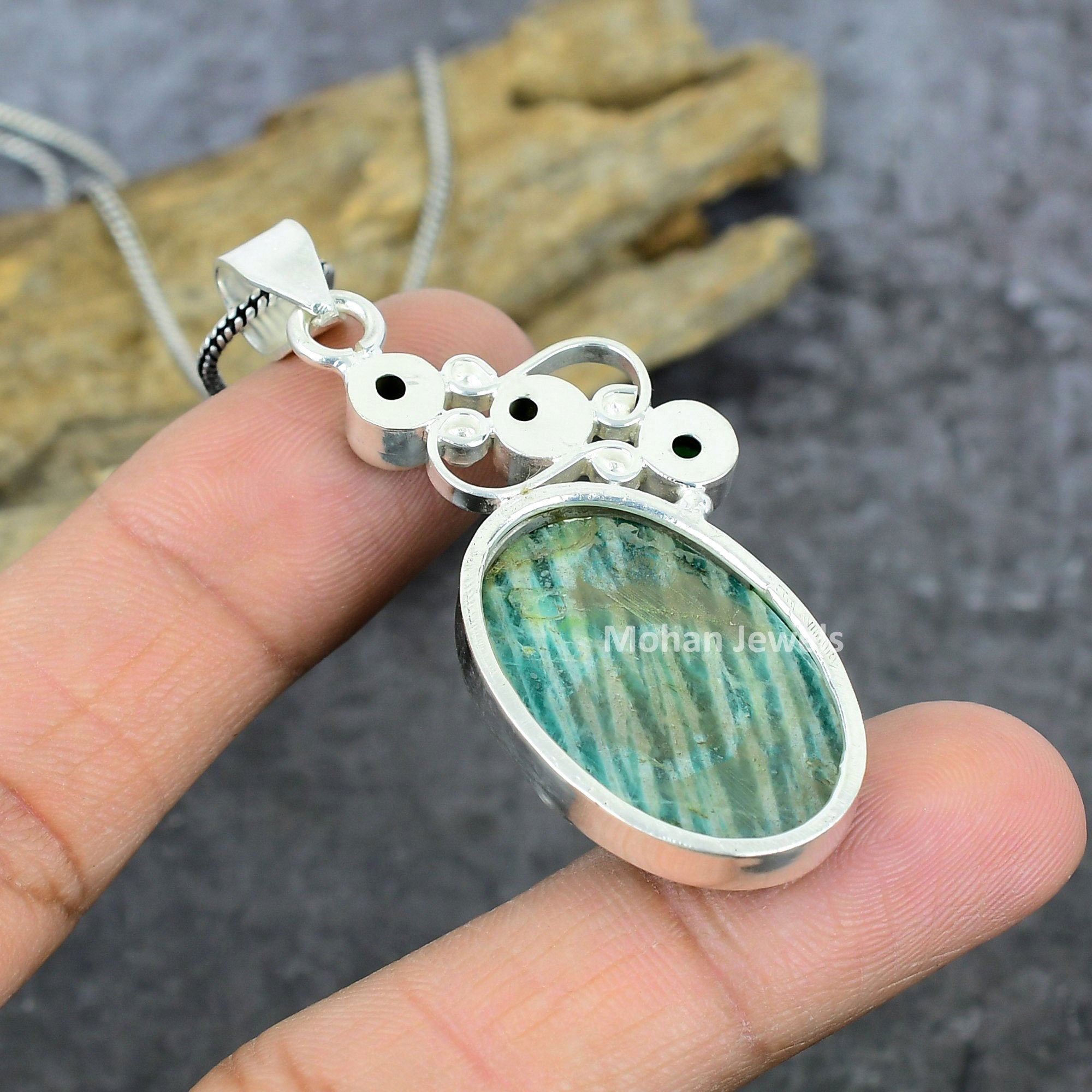 Amazonite Pendant, Silver Plated Gemstone Pendant, Pendant with Chain, Bohemian Pendant Jewelry, Peridot Pendant, Gift for Mother