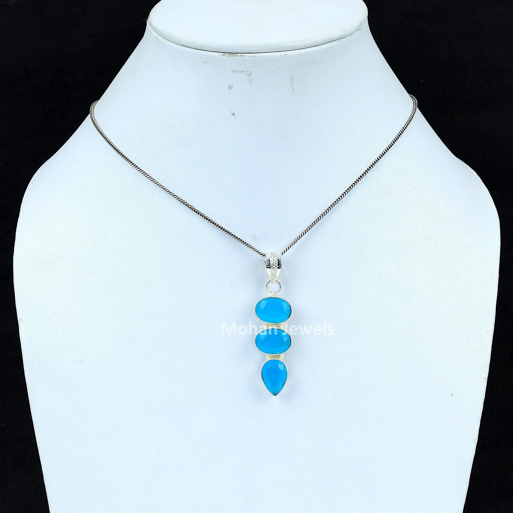 Chalcedony Pendant, Silver Plated Gemstone Pendant, Pendant with Chain, Faceted Blue Chalcedony Jewelry, Statement Pendant, Gift For Mom