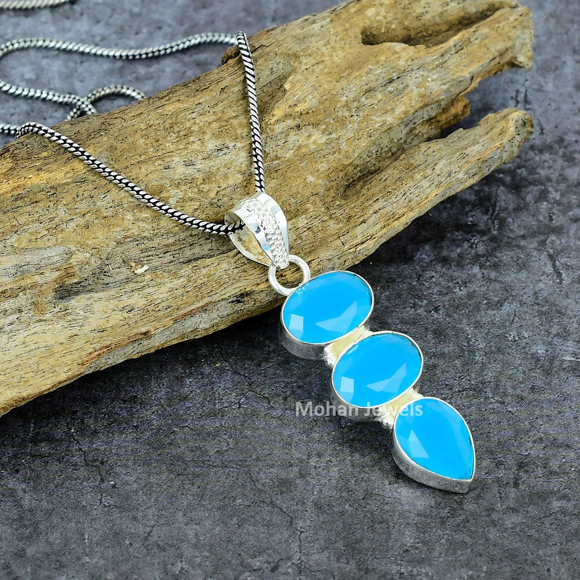 Chalcedony Pendant, Silver Plated Gemstone Pendant, Pendant with Chain, Faceted Blue Chalcedony Jewelry, Statement Pendant, Gift For Mom