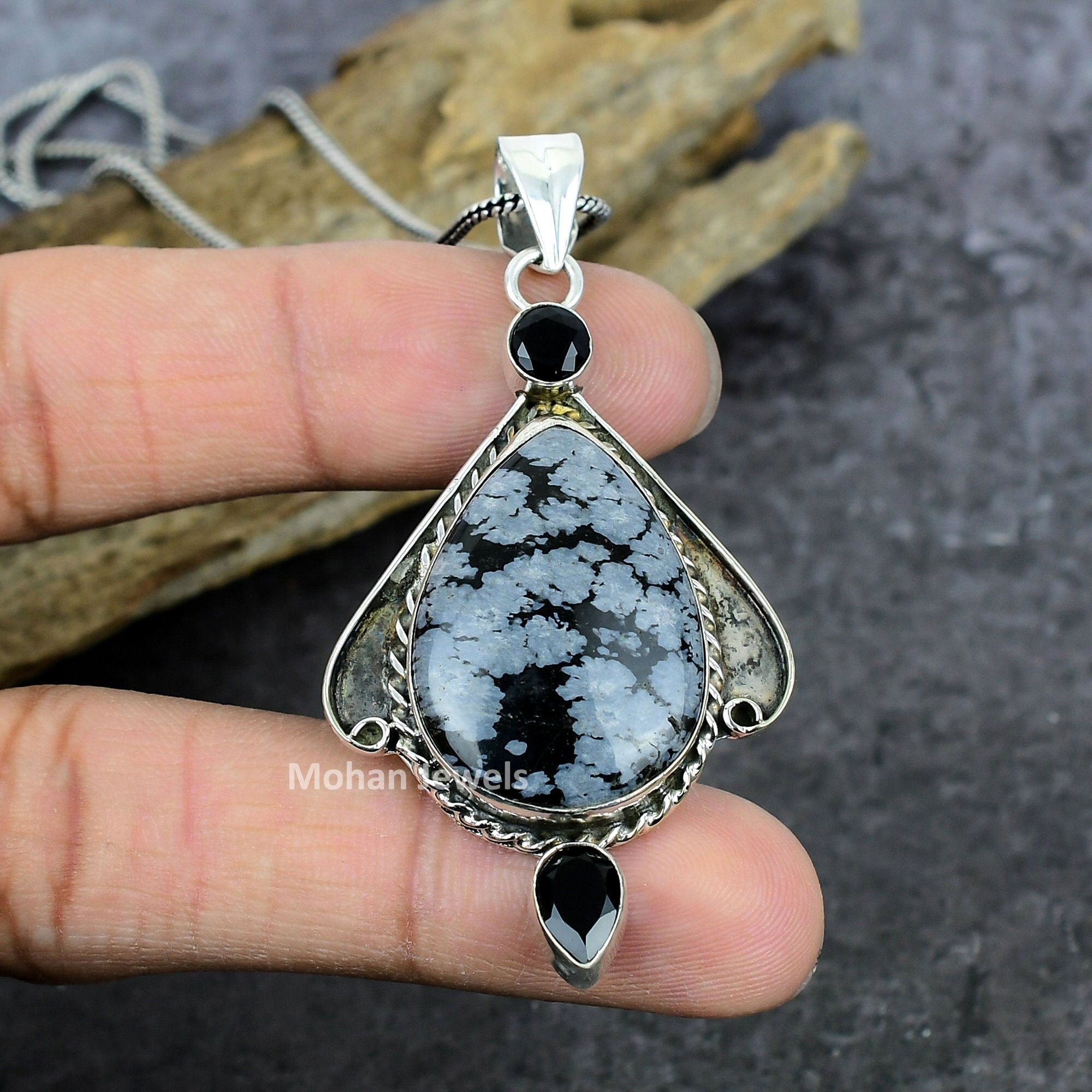 Snowflake Obsidian Black Onyx Gemstone Silver Plated Gemstone Pendant Handmade Vintage Jewelry, Obsidian Healing Crystal Jewelry