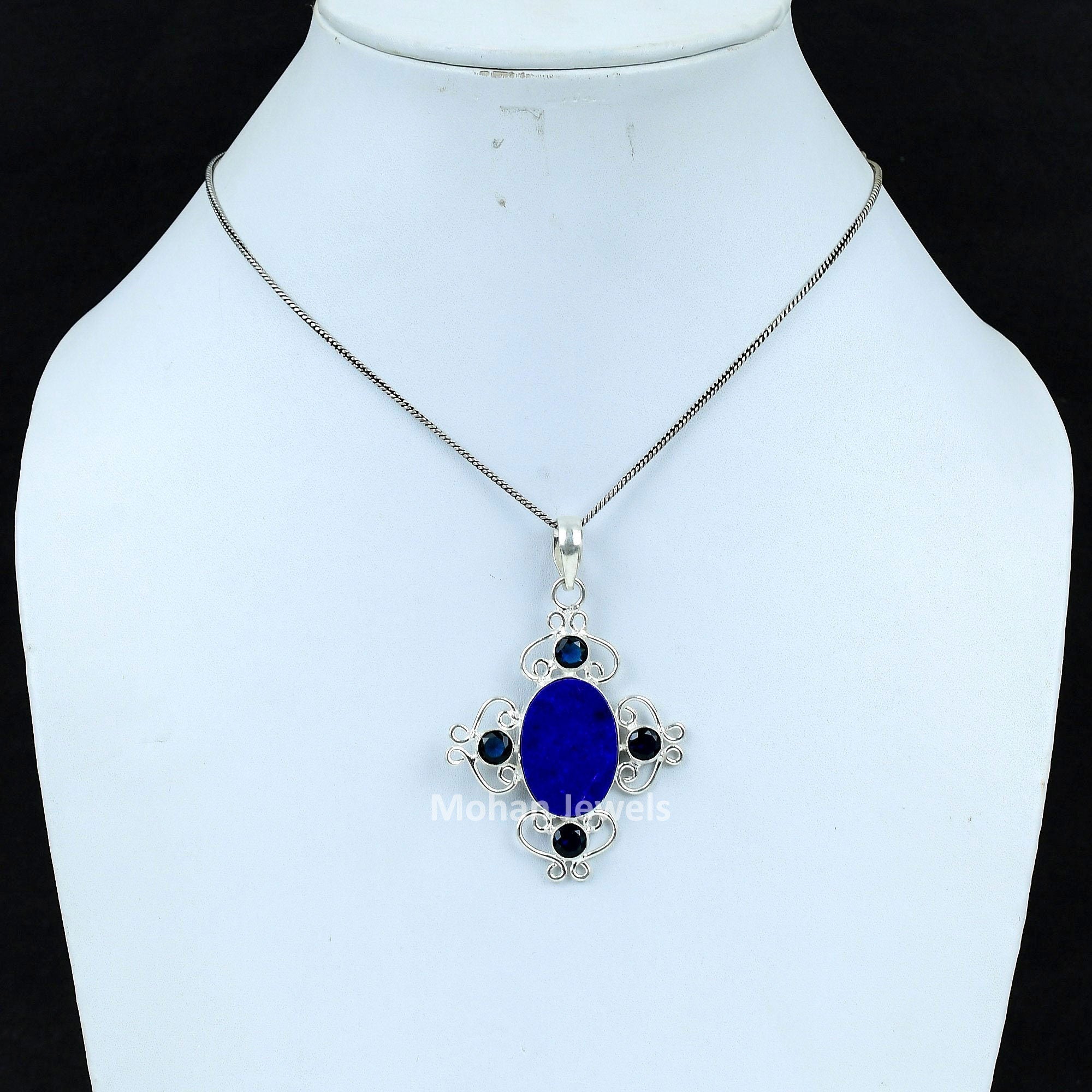 Lapis Pendant, Black Onyx Pendant, Silver Pendant, Blue Lapis Lazuli Gemstone Pendant, Filigree Pendant, Wedding Gift for Her