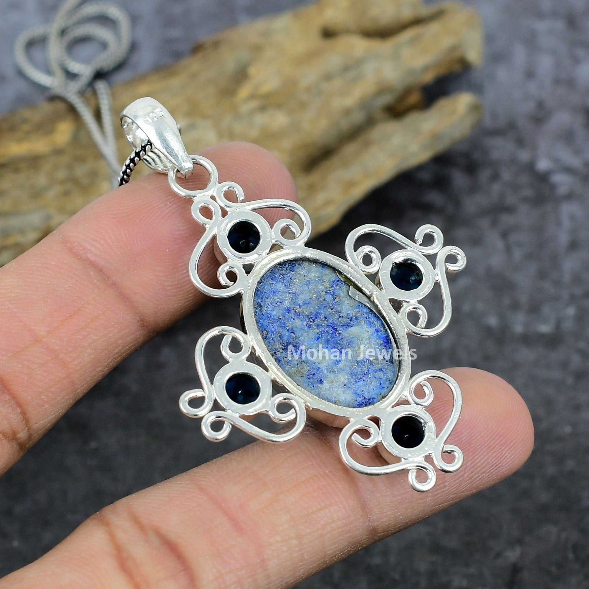 Lapis Pendant, Black Onyx Pendant, Silver Pendant, Blue Lapis Lazuli Gemstone Pendant, Filigree Pendant, Wedding Gift for Her