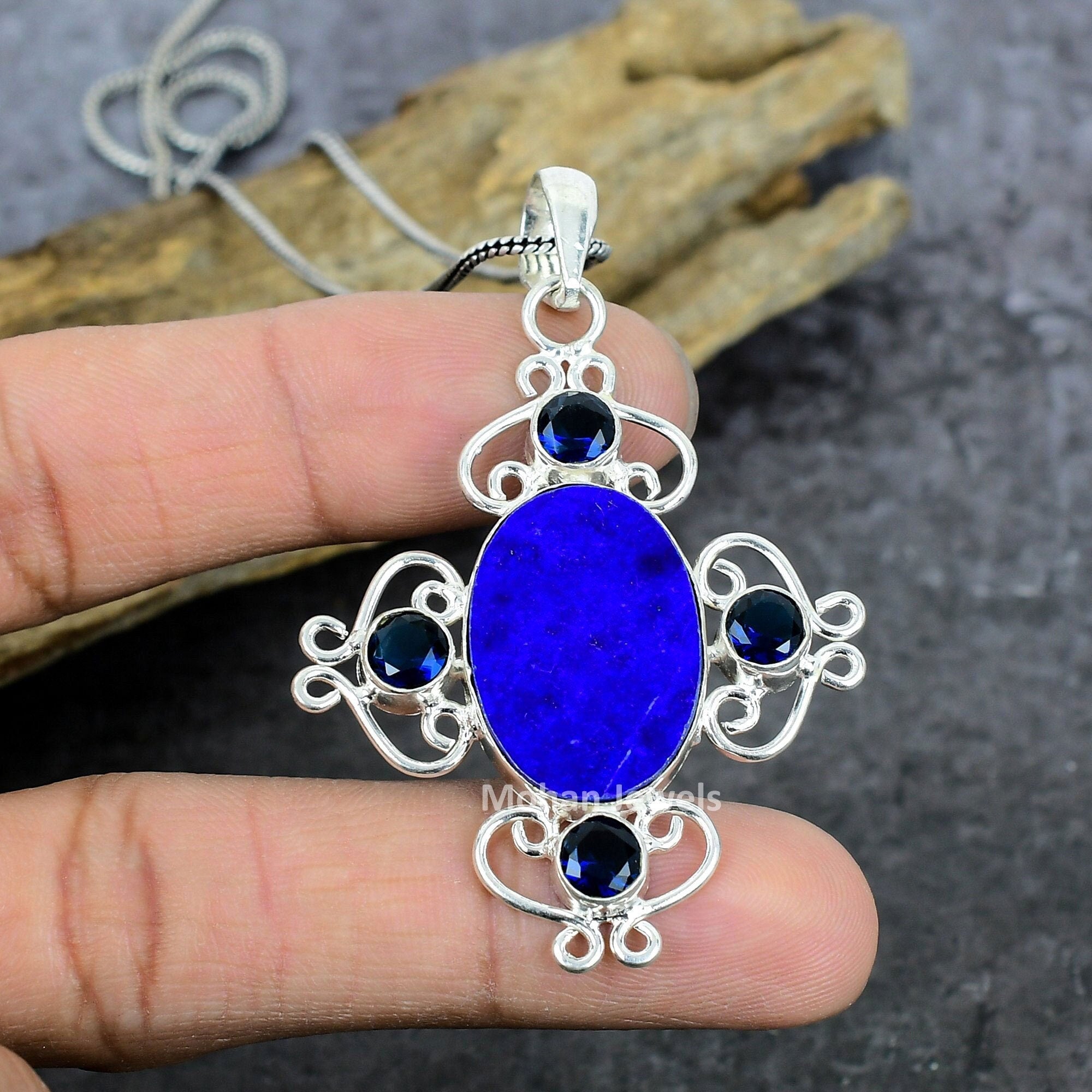 Lapis Pendant, Black Onyx Pendant, Silver Pendant, Blue Lapis Lazuli Gemstone Pendant, Filigree Pendant, Wedding Gift for Her