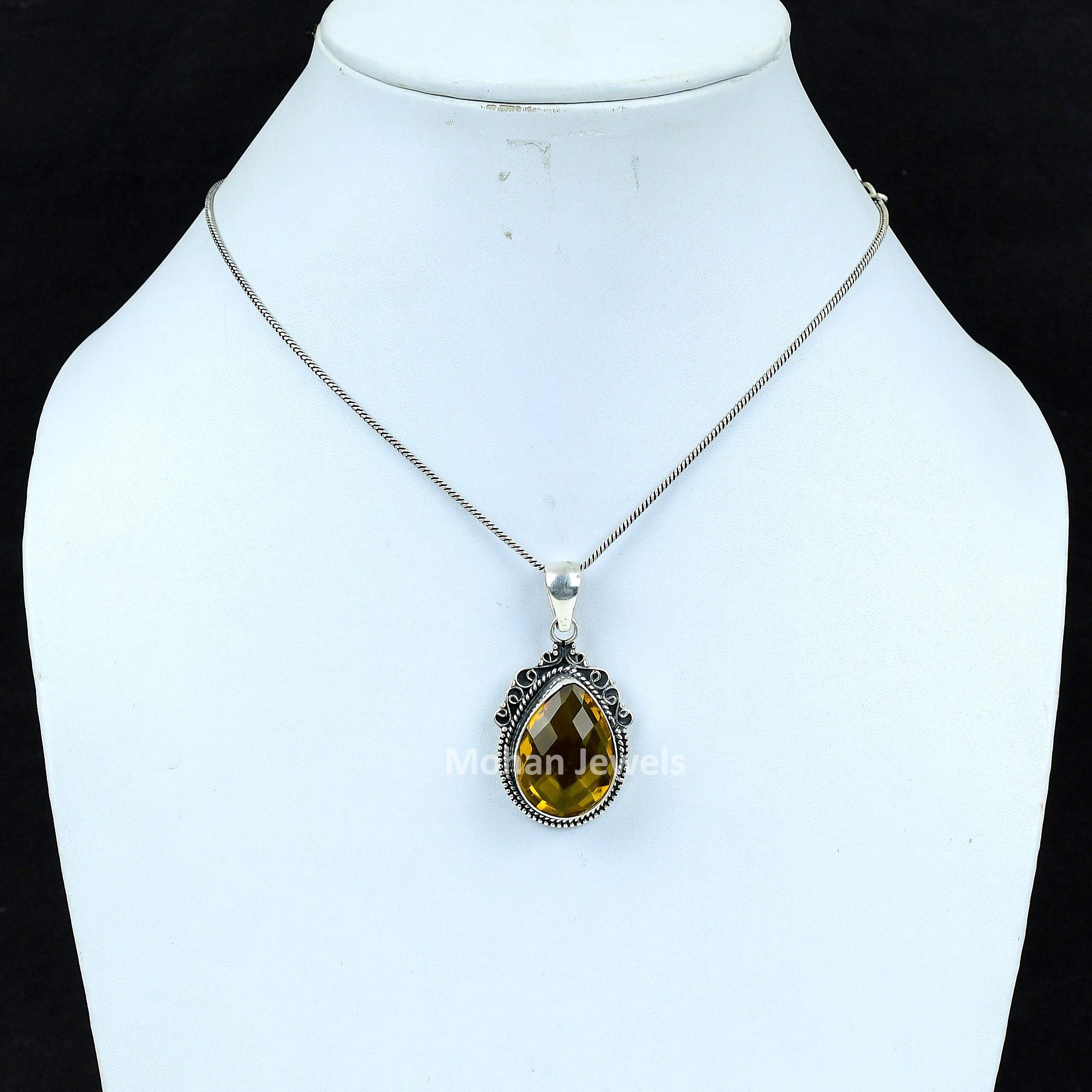 Citrine Pendant, Faceted Citrine Gemstone Pendant, Silver Plated Chain Pendant, Vintage Pendant, Antique Jewelry, Birthstone Pendant