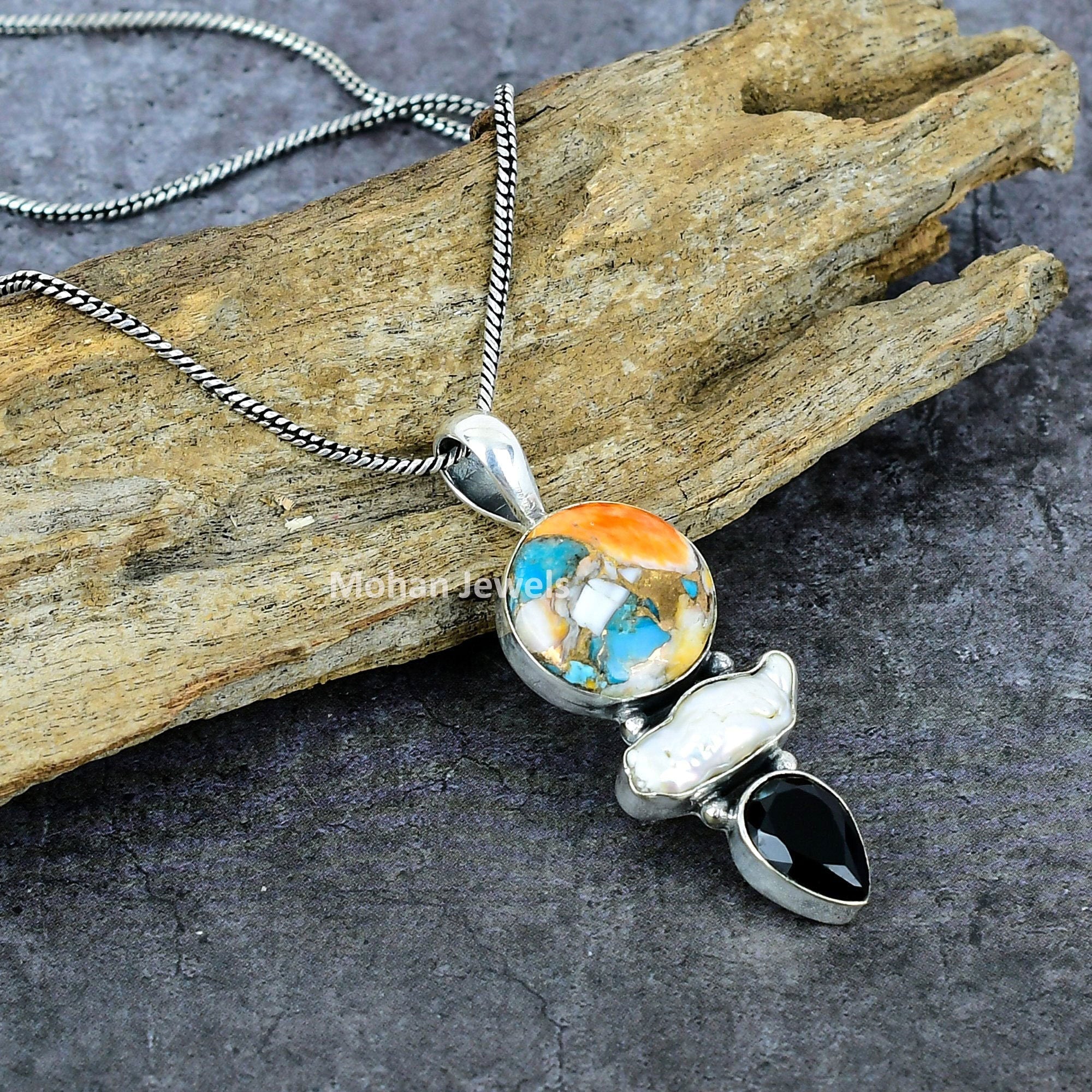 Spiny Oyster Turquoise Biwa Pearl Black Onyx Gemstone Silver Plated Pendant, Multi Stone Pendant, Turquoise Pendant, Artisan Jewelry