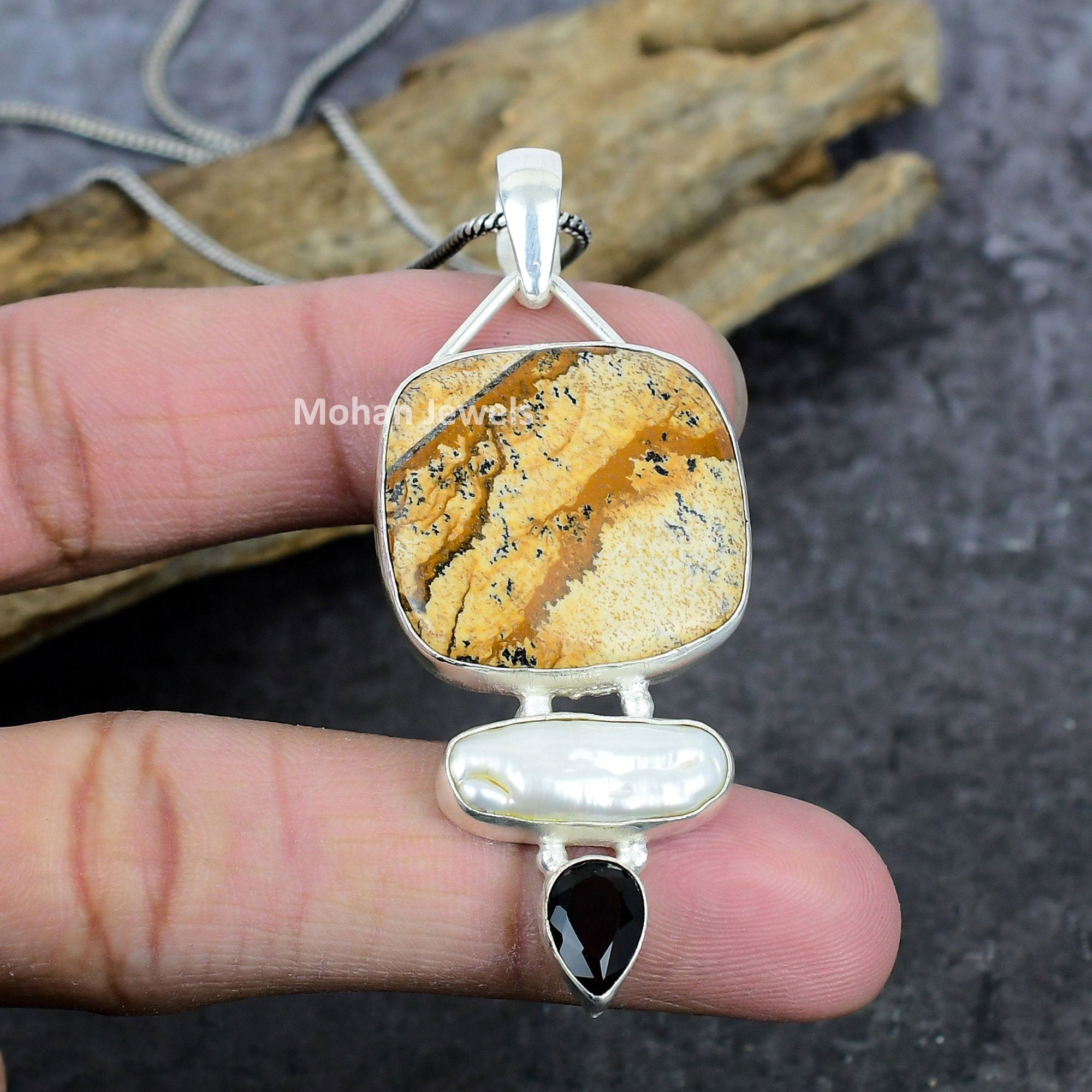 Picture Jasper Biwa Pearl Black Onyx Gemstone Silver Plated Pendant, Multi Stone Pendant, Jasper Pendant, Bohemian Jewelry, Wedding Gift