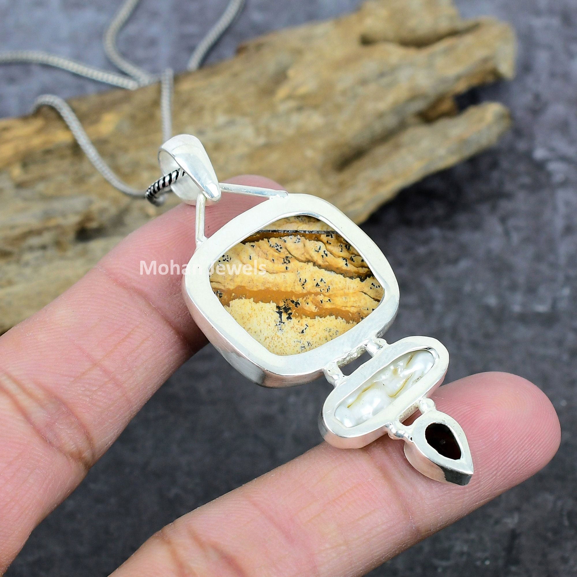 Picture Jasper Biwa Pearl Black Onyx Gemstone Silver Plated Pendant, Multi Stone Pendant, Jasper Pendant, Bohemian Jewelry, Wedding Gift