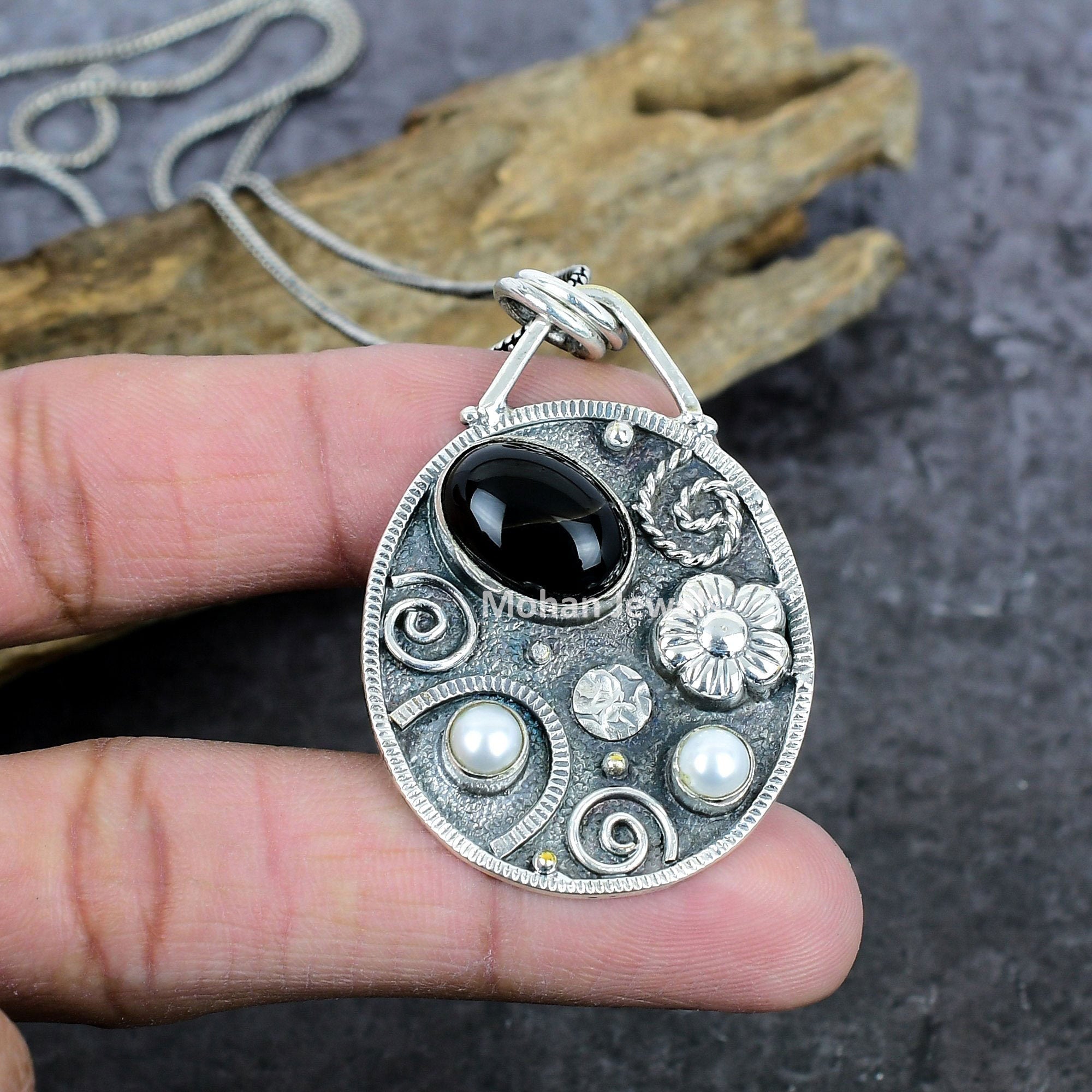 Black Onyx Pendant, Pearl Gemstone Pendant, Silver Plated Handmade Jewelry, Native American Jewelry, Bohemian Jewelry, Pendant with Chain