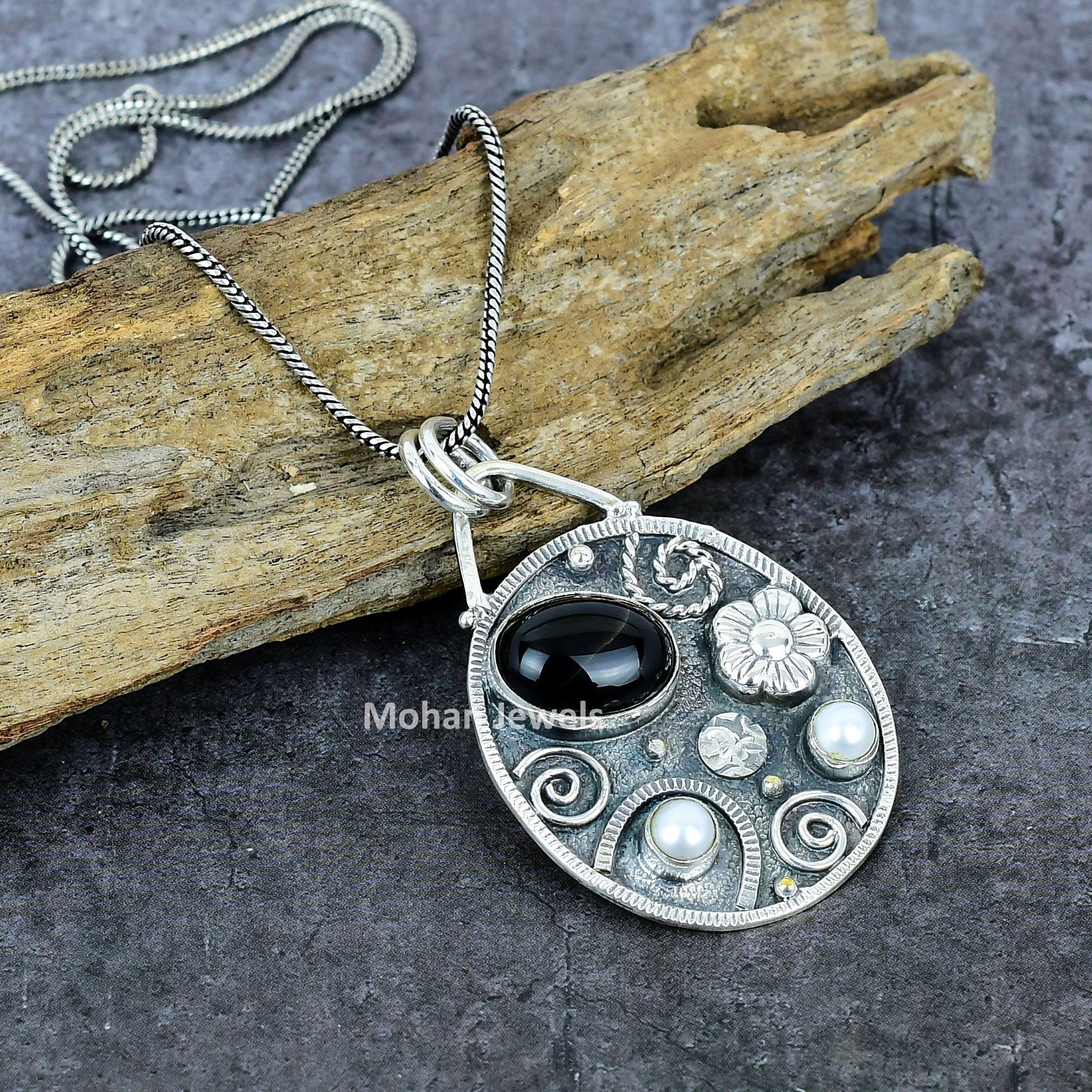 Black Onyx Pendant, Pearl Gemstone Pendant, Silver Plated Handmade Jewelry, Native American Jewelry, Bohemian Jewelry, Pendant with Chain