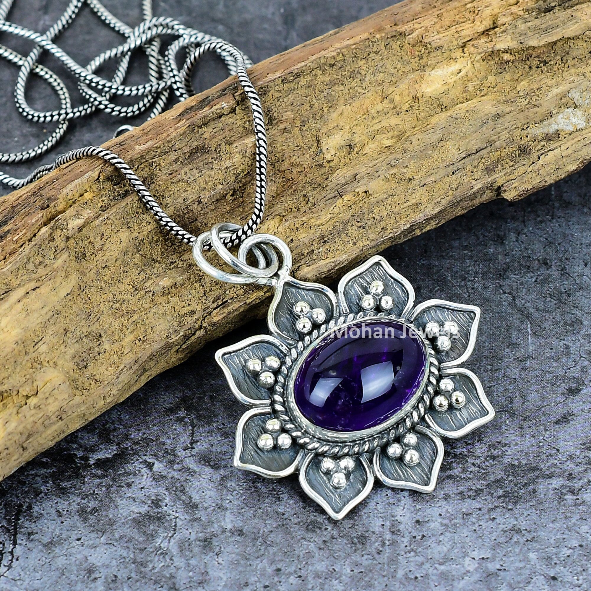 Amethyst Pendant, Gemstone Silver Plated Pendant, Flower Pendant, Amethyst Jewelry, Healing Stone, Handmade Crystal, Bridesmaid Gift