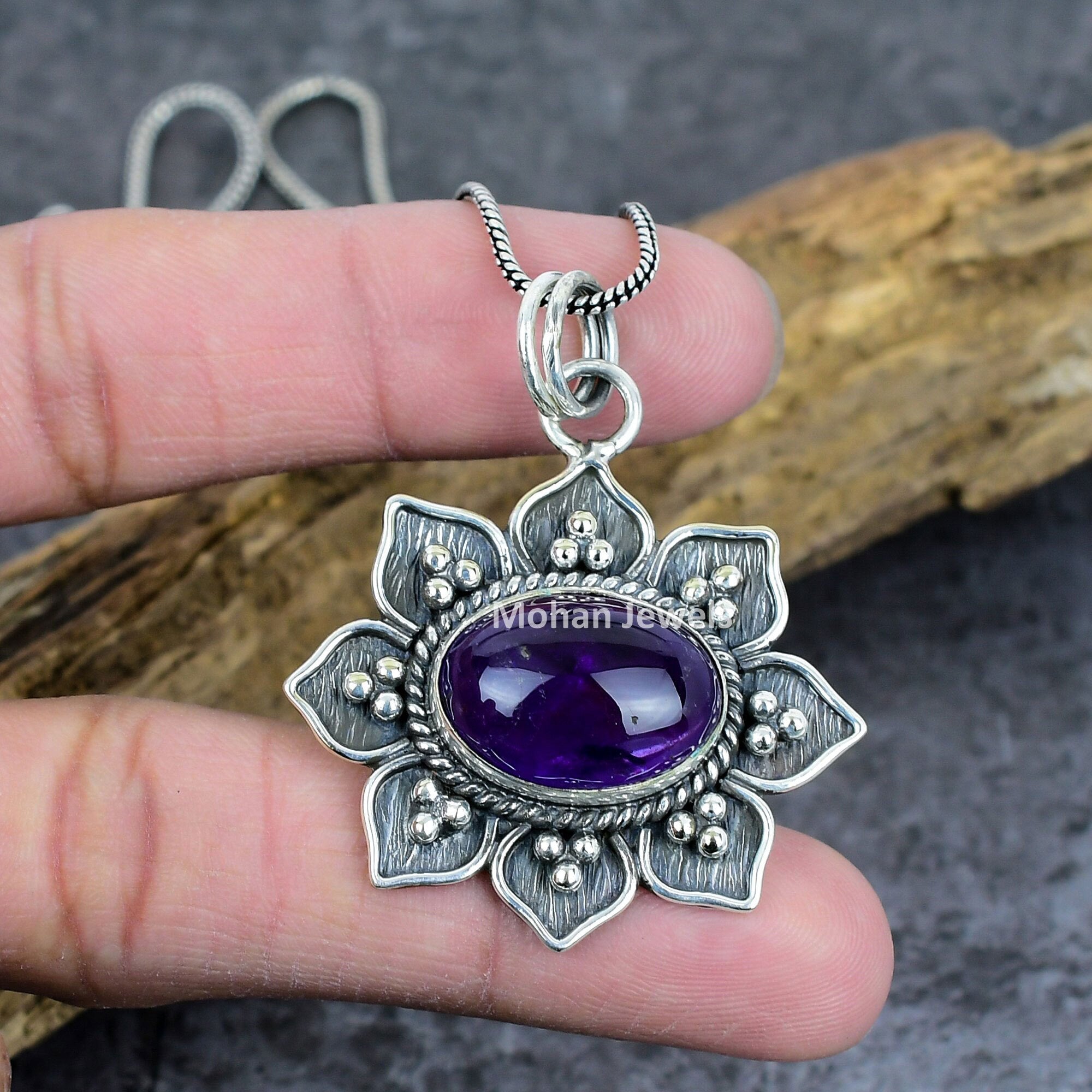 Amethyst Pendant, Gemstone Silver Plated Pendant, Flower Pendant, Amethyst Jewelry, Healing Stone, Handmade Crystal, Bridesmaid Gift