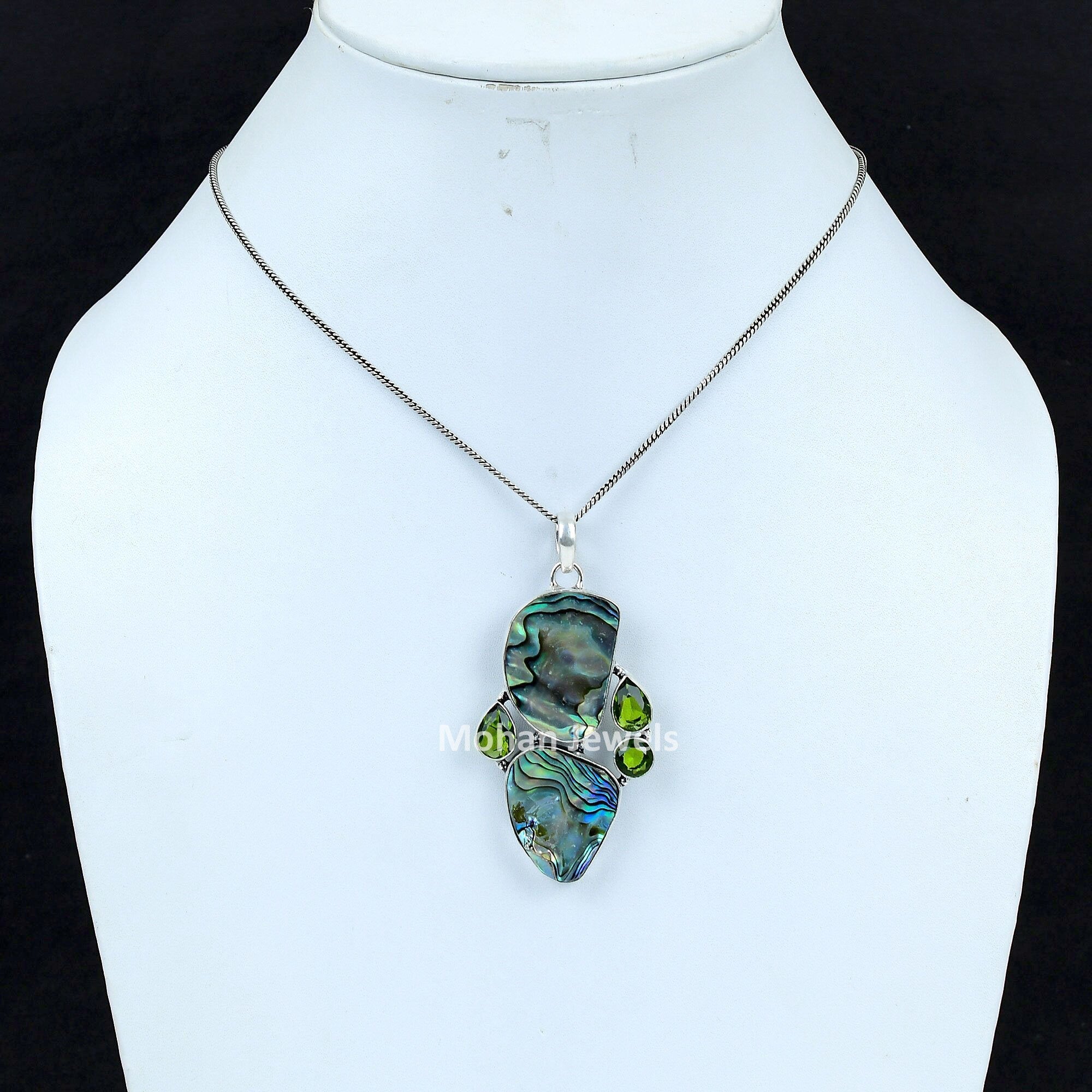 Abalone Shell Pendant, Gemstone Silver Plated Pendant, Paua Shell Pendant, Peridot Jewelry, Healing Stone, Multi Stone Pendant