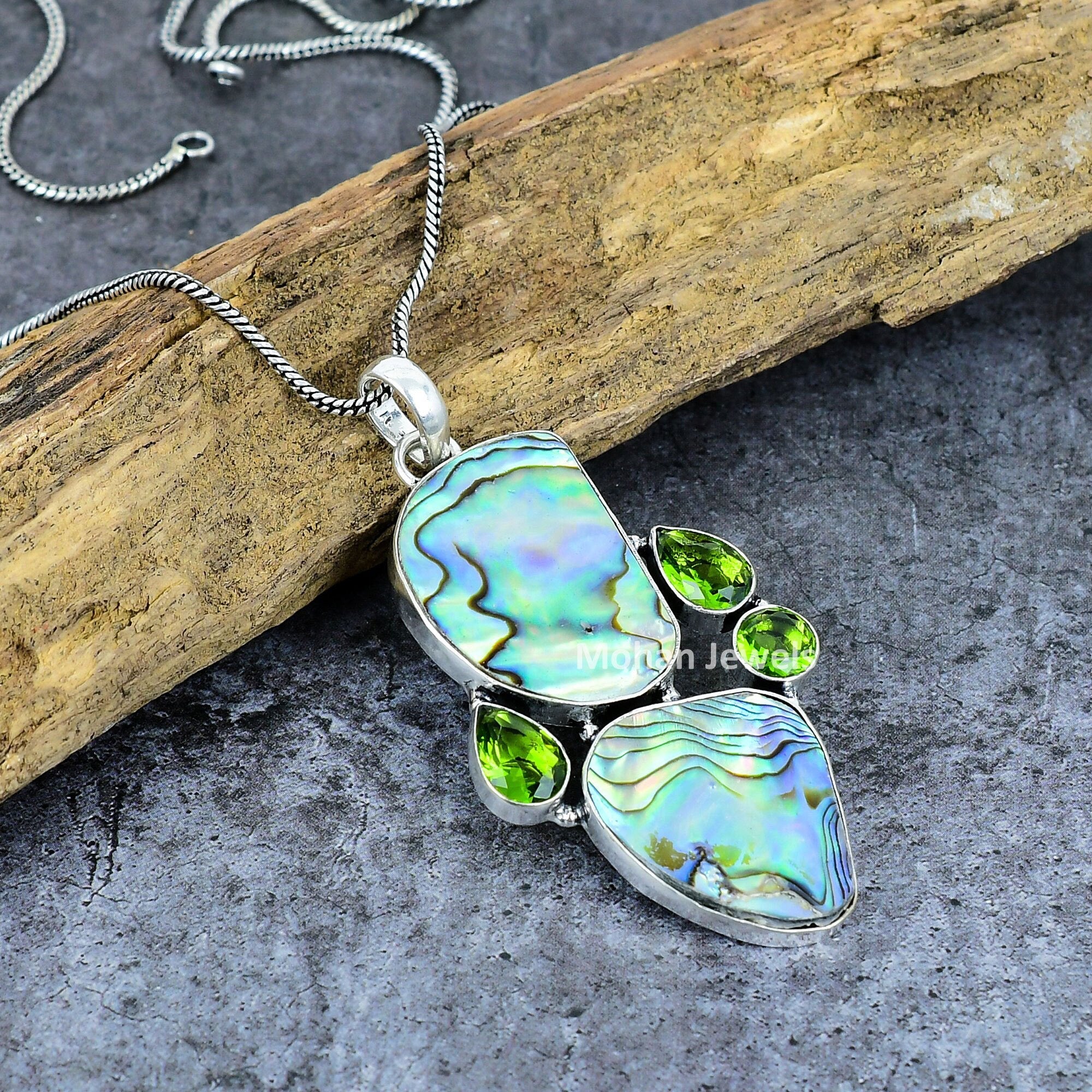 Abalone Shell Pendant, Gemstone Silver Plated Pendant, Paua Shell Pendant, Peridot Jewelry, Healing Stone, Multi Stone Pendant