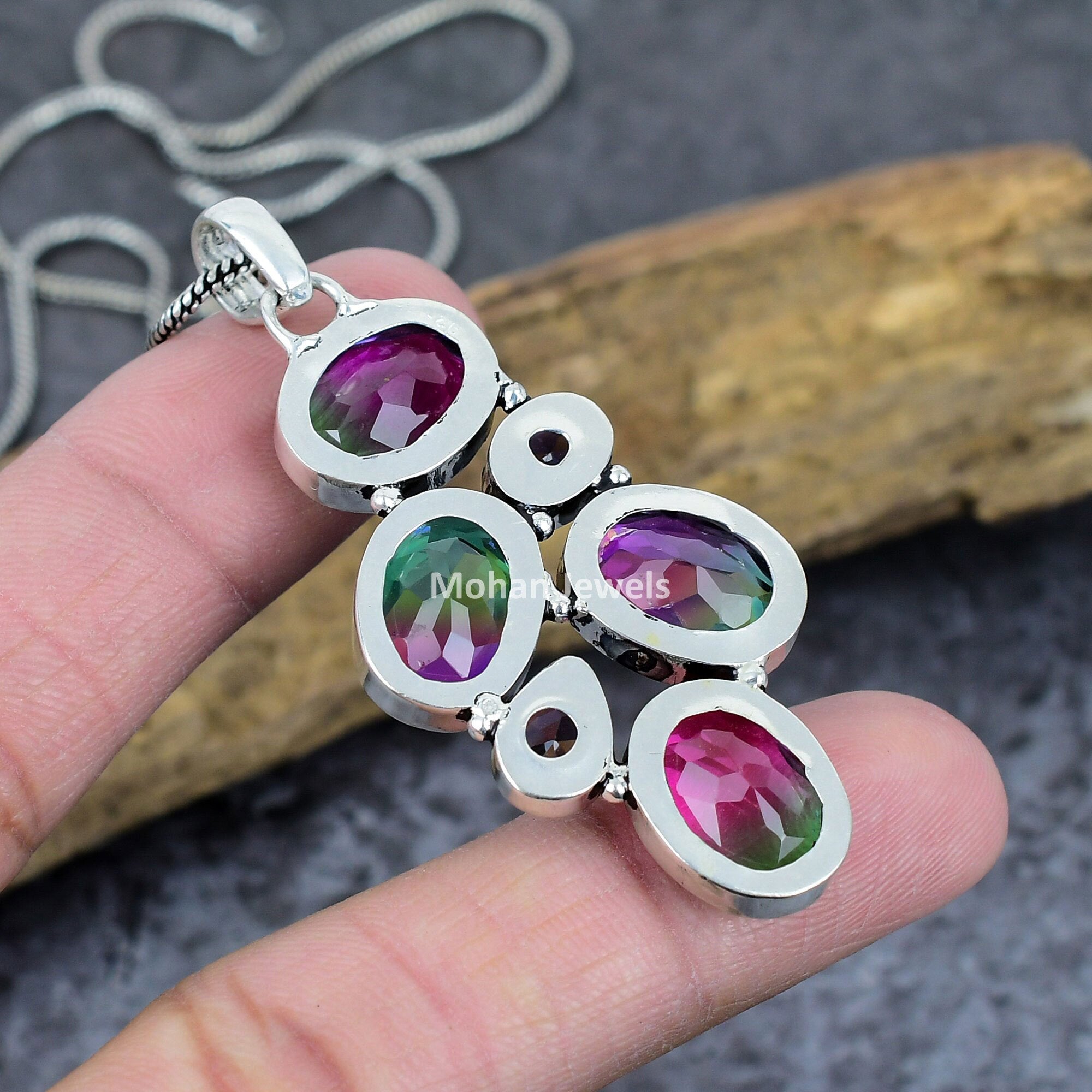 Bi Color Tourmaline Gemstone Silver Plated Handmade Pendant Jewelry, Amethyst Pendant, Tourmaline Pendant, Multi Stone Pendant