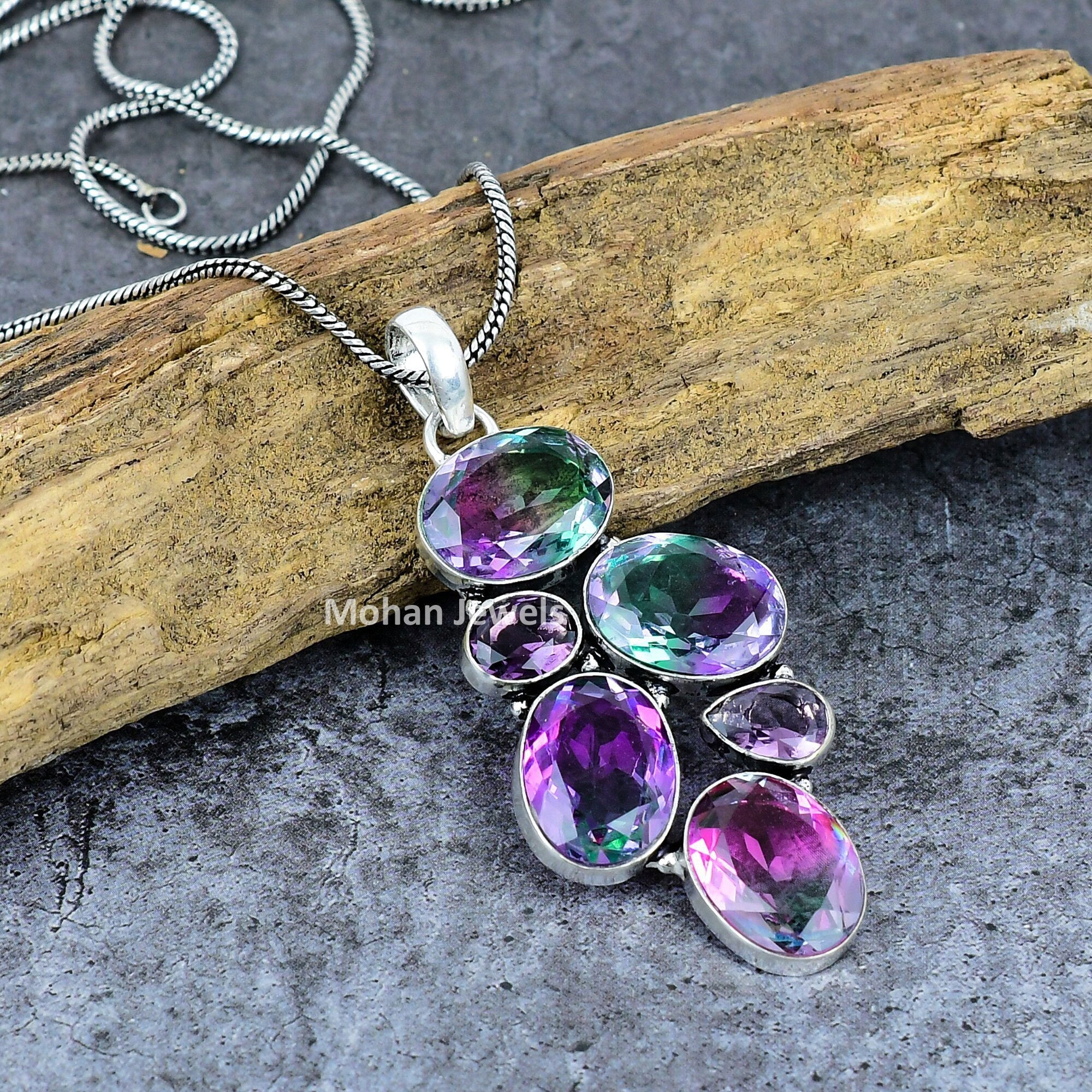 Bi Color Tourmaline Gemstone Silver Plated Handmade Pendant Jewelry, Amethyst Pendant, Tourmaline Pendant, Multi Stone Pendant