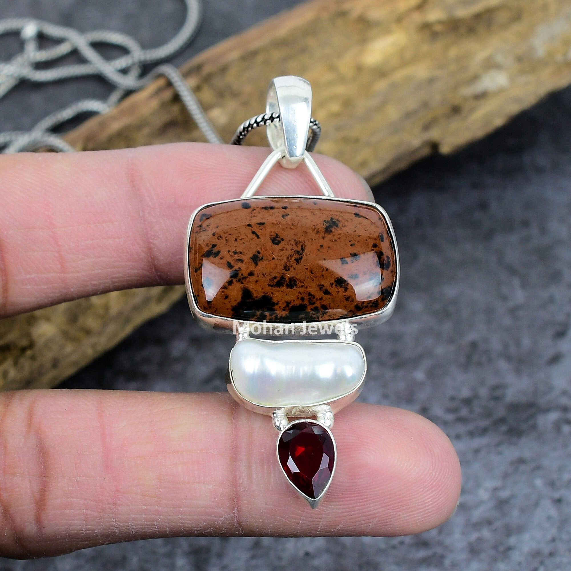 Mahogany Obsidian Biwa Pearl Garnet Gemstone Silver Plated Handmade Pendant Jewelry, Multi Stone Pendant, Obsidian Gemstone Pendant