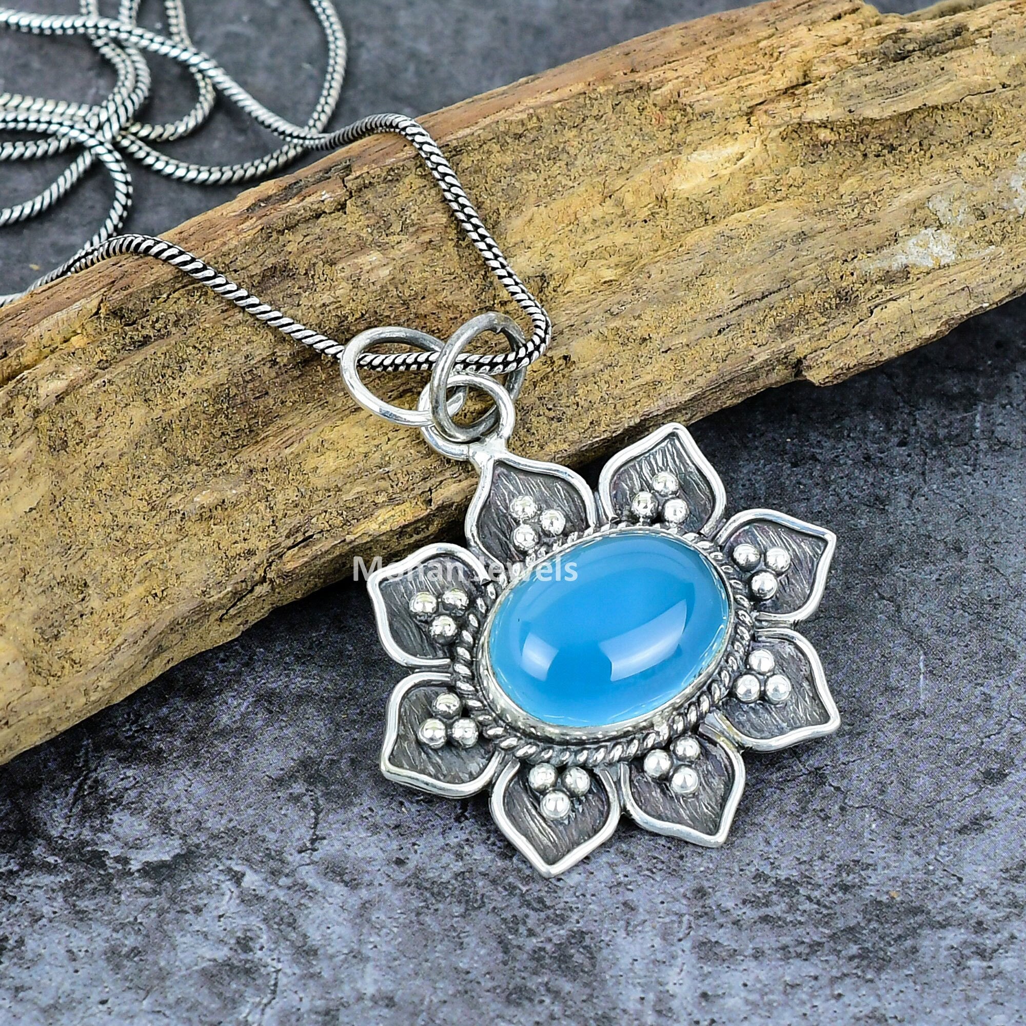 Blue Chalcedony Pendant, Gemstone Silver Plated Pendant, Flower Pendant, Chalcedony Jewelry, Healing Stone, Vintage Jewelry, Mother Gift