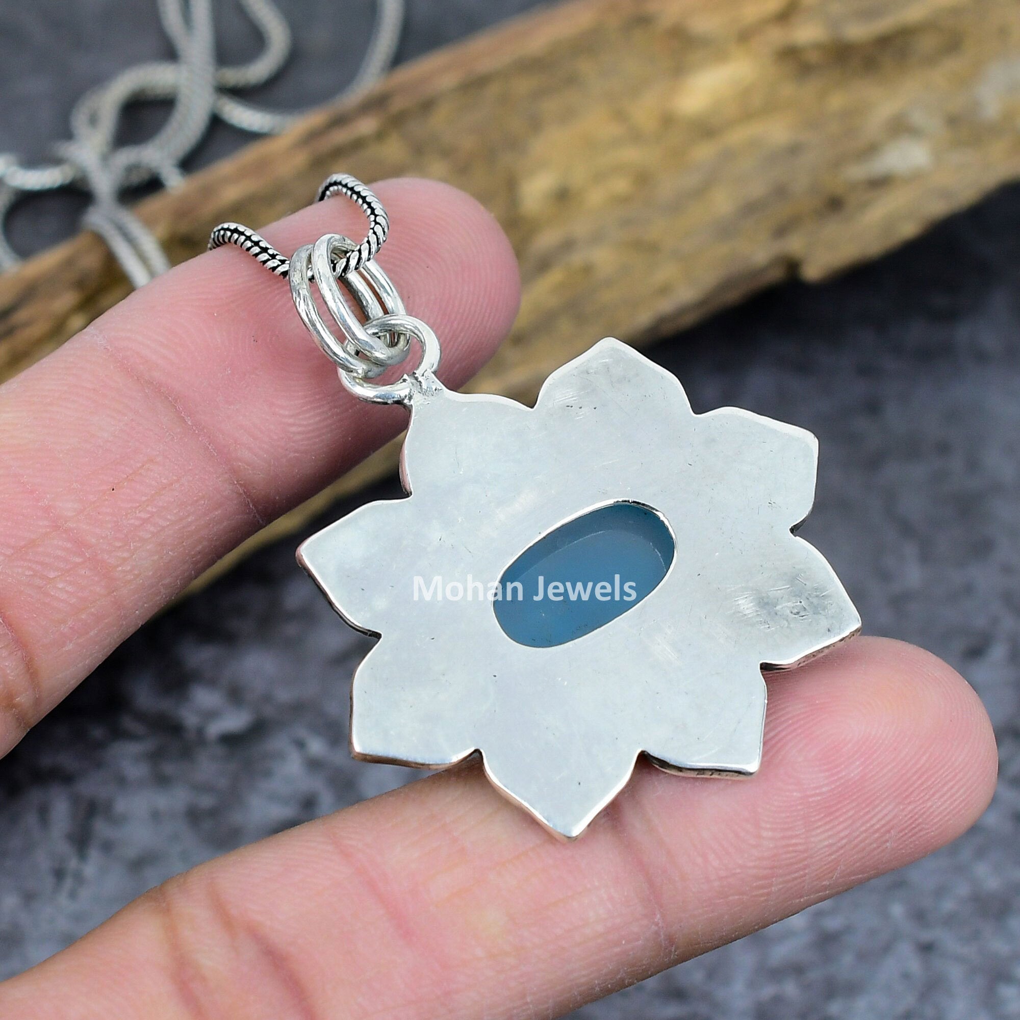 Blue Chalcedony Pendant, Gemstone Silver Plated Pendant, Flower Pendant, Chalcedony Jewelry, Healing Stone, Vintage Jewelry, Mother Gift