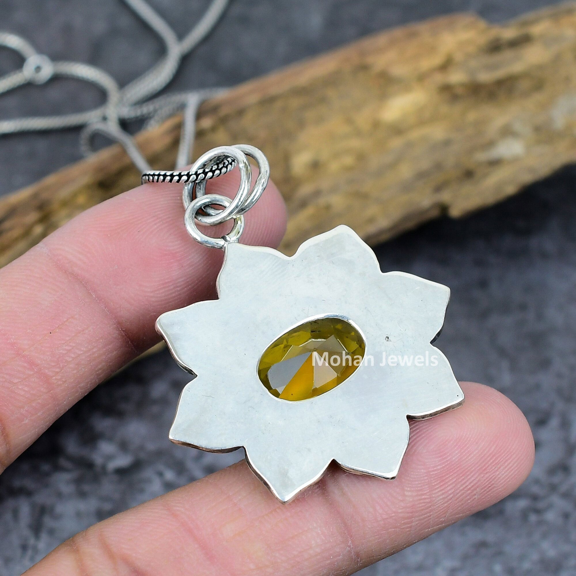 Citrine Pendant, Gemstone Silver Plated Pendant, Flower Pendant, Yellow Stone Jewelry, Healing Stone, Artisan Jewelry, Bohemian Jewelry