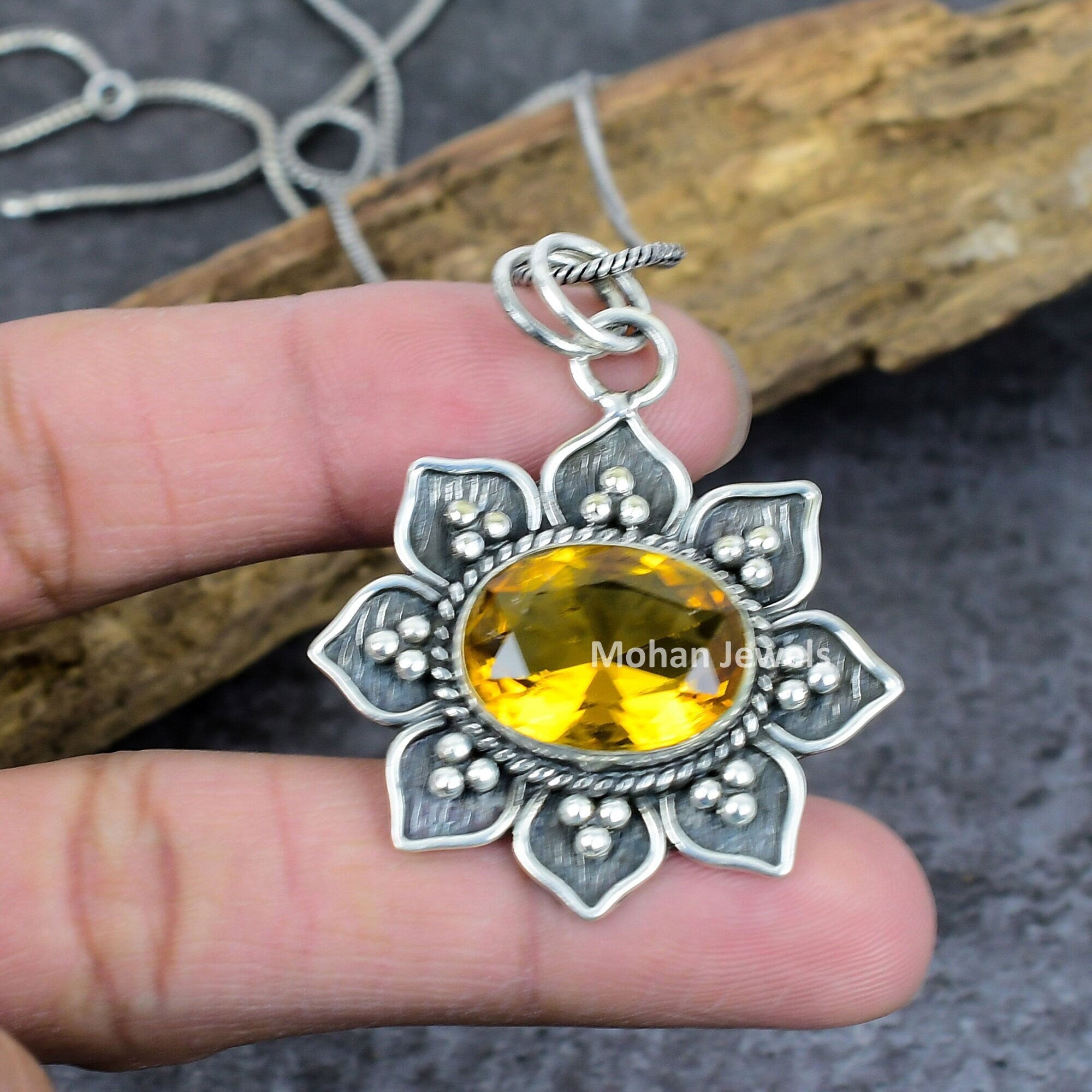 Citrine Pendant, Gemstone Silver Plated Pendant, Flower Pendant, Yellow Stone Jewelry, Healing Stone, Artisan Jewelry, Bohemian Jewelry