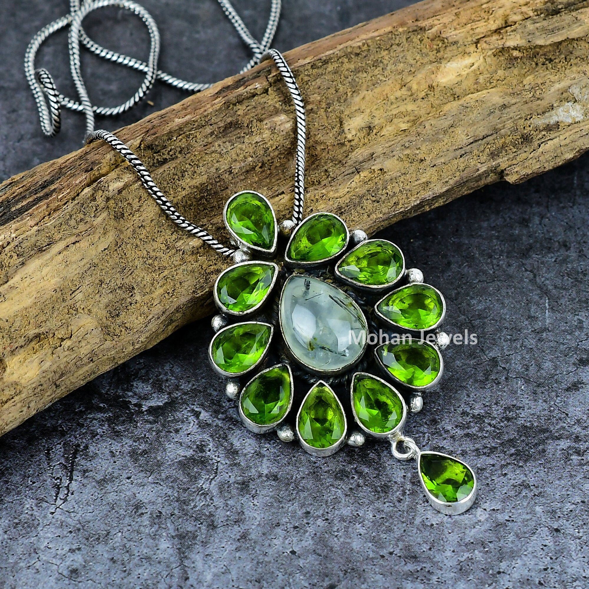 Prehnite Pendant, Peridot Pendant, Silver Plated Pendant, Moss Agate Gemstone Pendant, Cluster Pendant, Multi stone Pendant with Chain