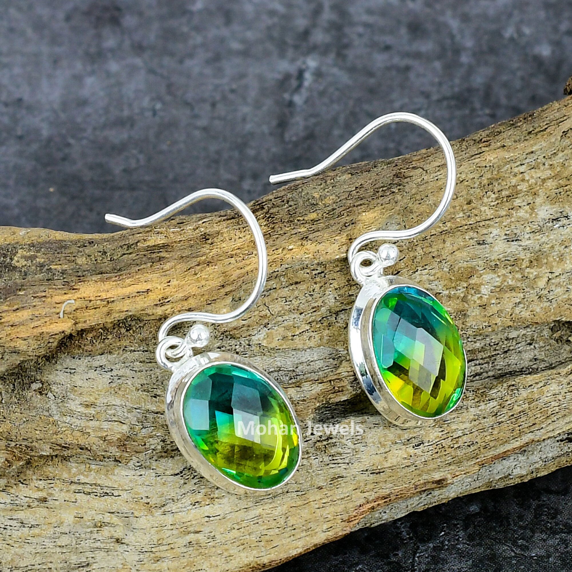 Bi Color Tourmaline Gemstone Silver Plated Handmade Dangle Earrings Jewelry, Tourmaline Earring, Wedding Gift, Tribal Jewelry