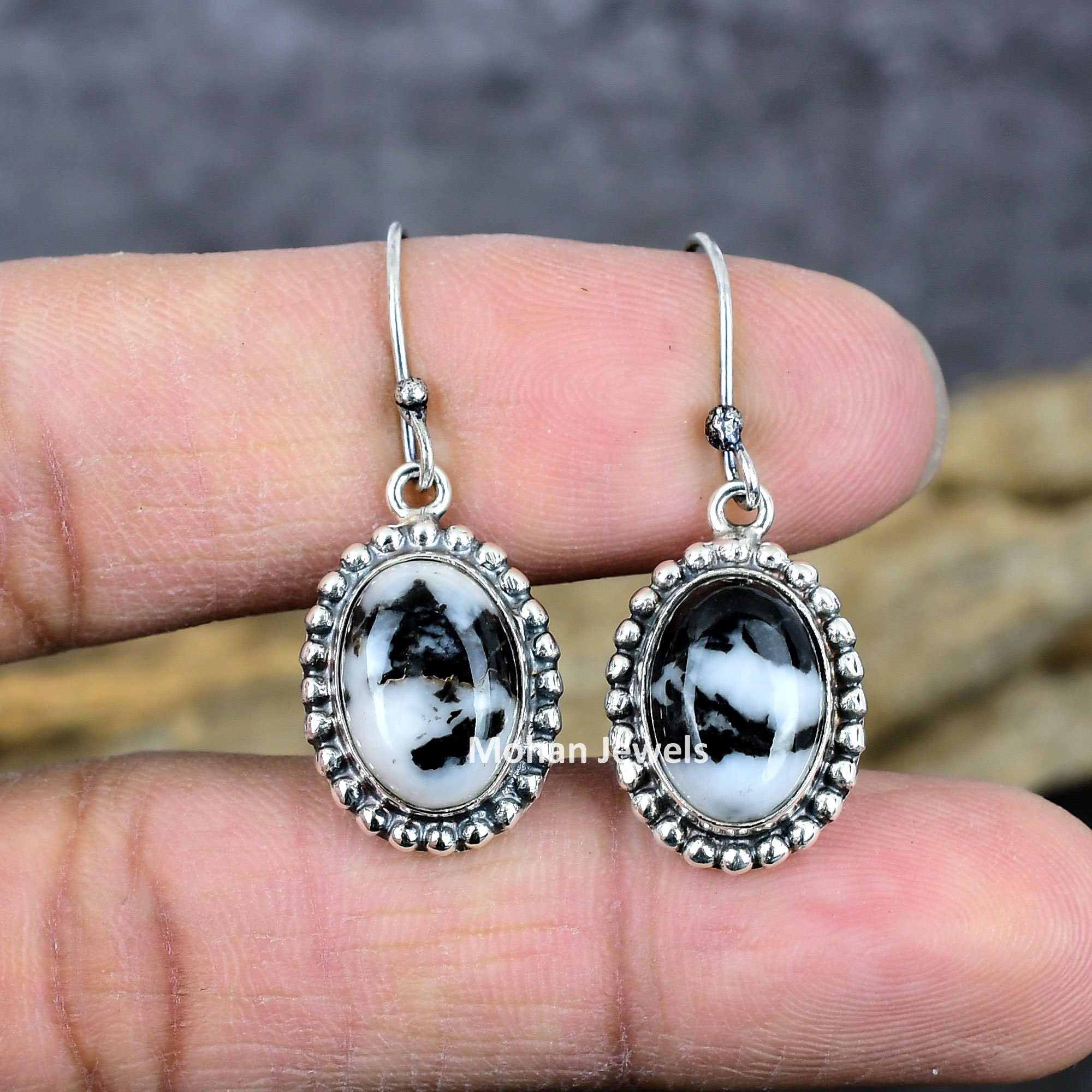 Buffalo Turquoise Earrings, White Black Buffalo Turquoise Gemstone Silver Plated Handmade Earrings Jewelry, Nevada Turquoise Jewelry