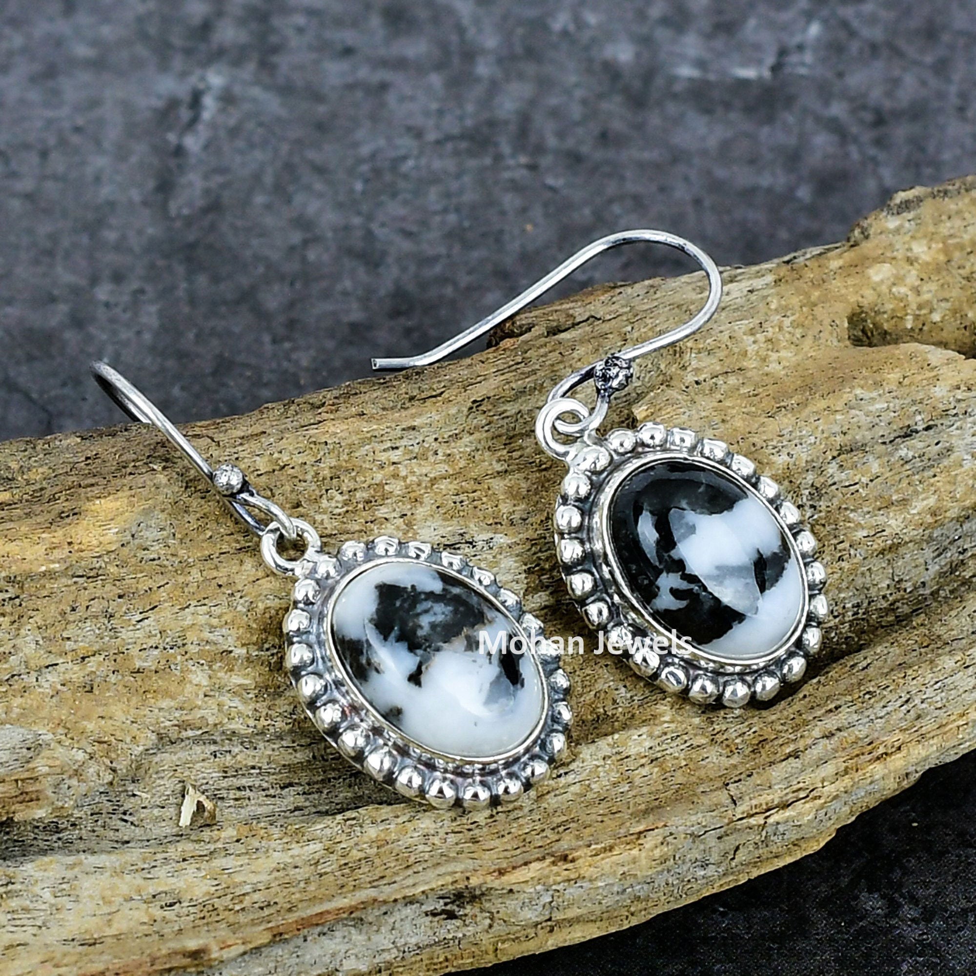 Buffalo Turquoise Earrings, White Black Buffalo Turquoise Gemstone Silver Plated Handmade Earrings Jewelry, Nevada Turquoise Jewelry