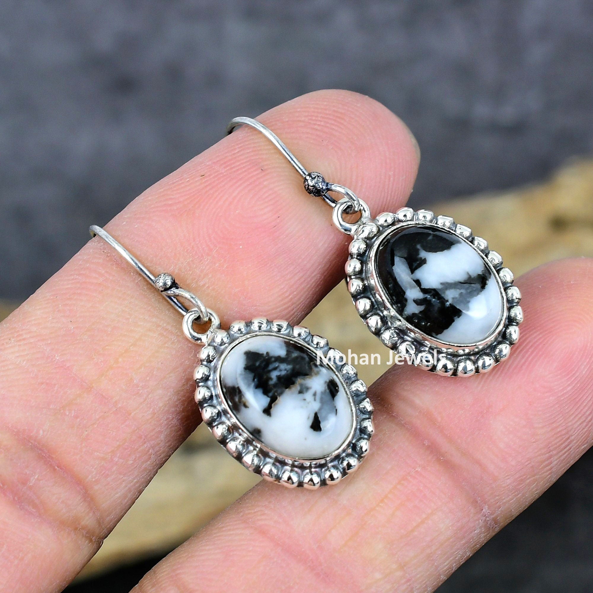 Buffalo Turquoise Earrings, White Black Buffalo Turquoise Gemstone Silver Plated Handmade Earrings Jewelry, Nevada Turquoise Jewelry