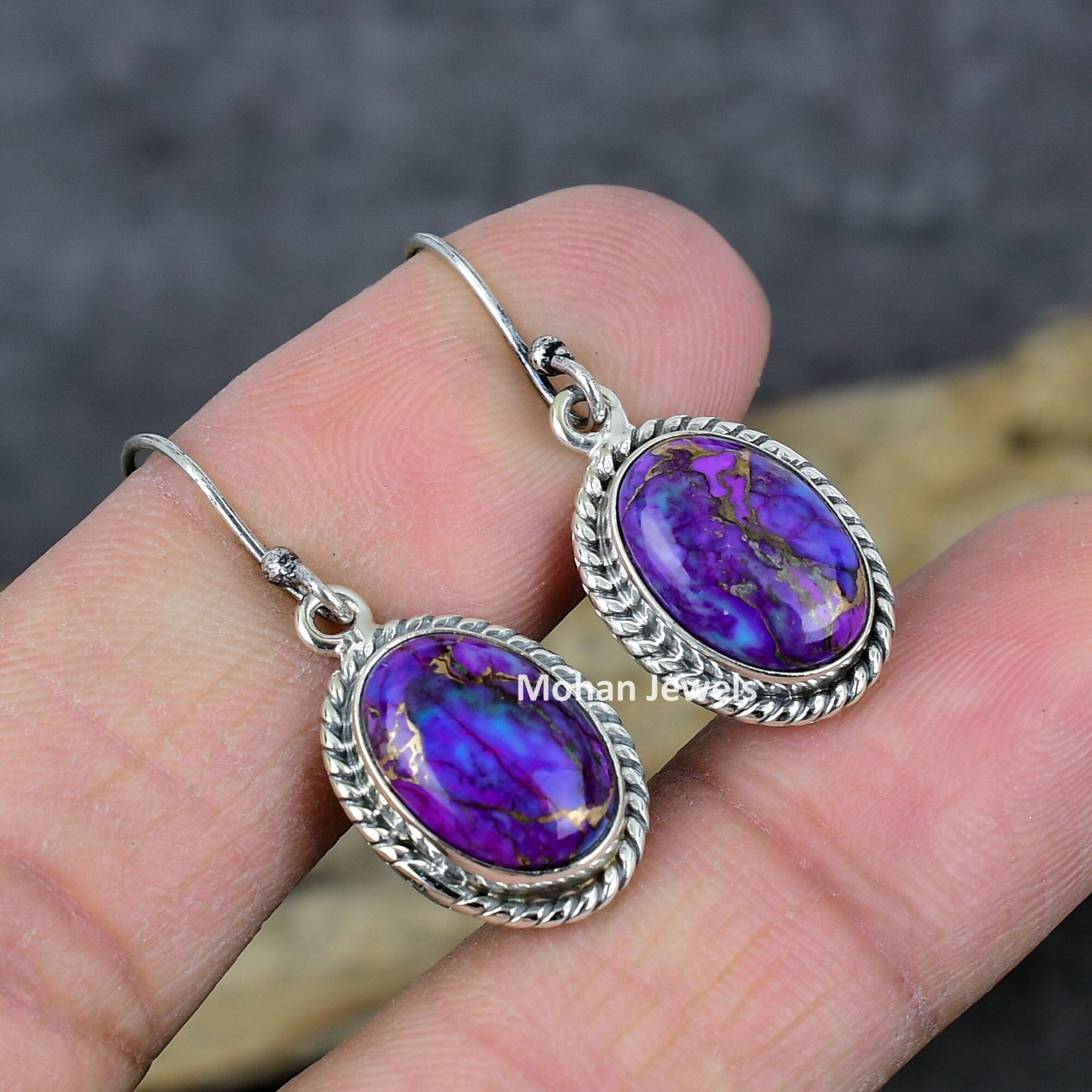 Copper Purple Turquoise Oval Gemstone Silver Plated Handmade Dangle Earrings Vintage Jewelry, Turquoise Earrings, Purple Stone Jewelry