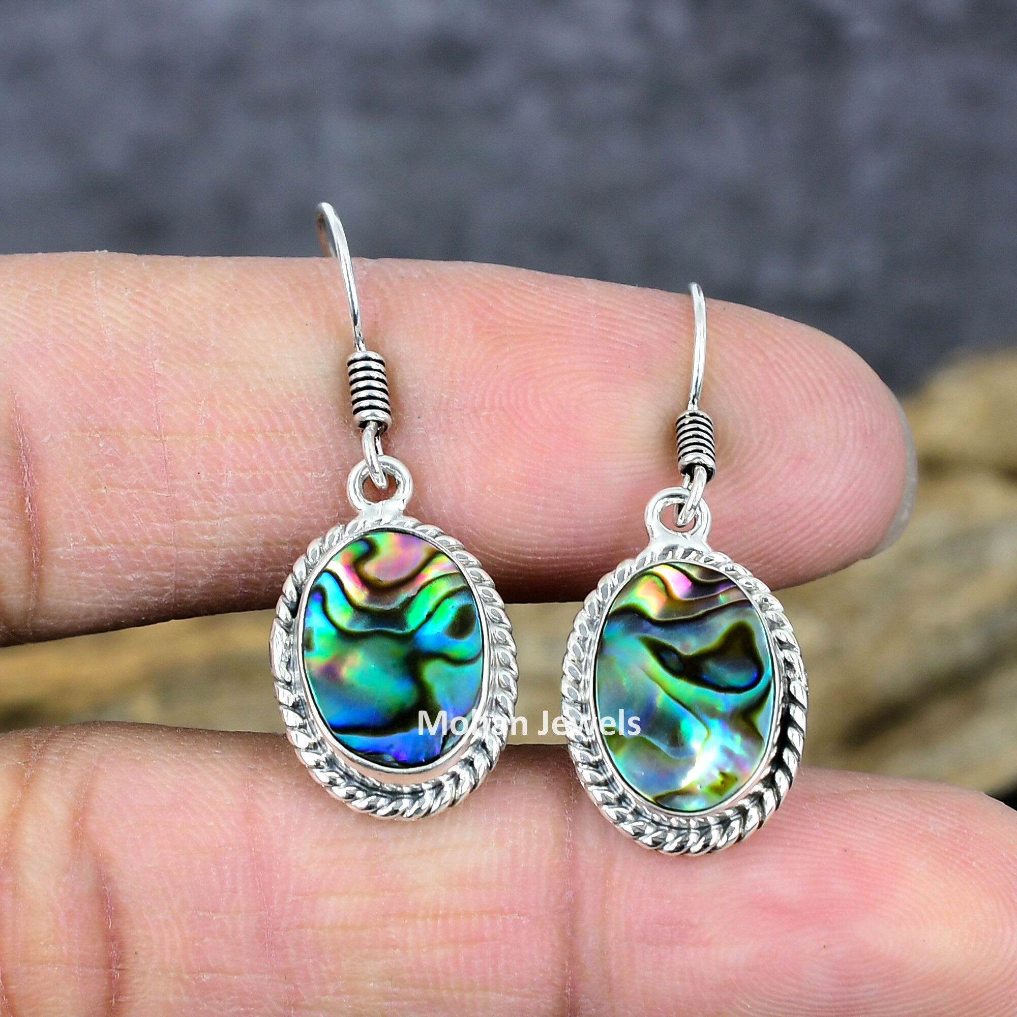 Abalone Shell Oval Gemstone Silver Plated Handmade Dangle Earrings Vintage Jewelry, Paua Shell Earrings, Women Elegant Jewelry